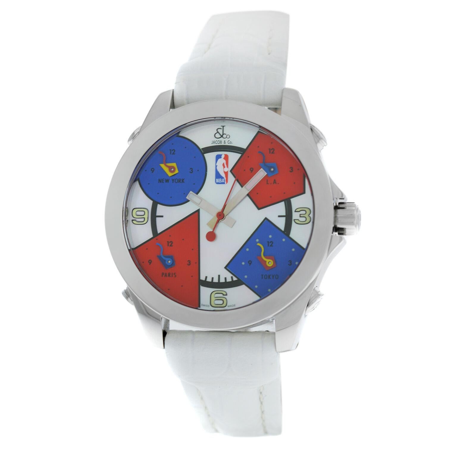 Unisex Jacob & Co. Five 5 Time Zone NBA Steel Mother of Pearl Quartz Watch For Sale