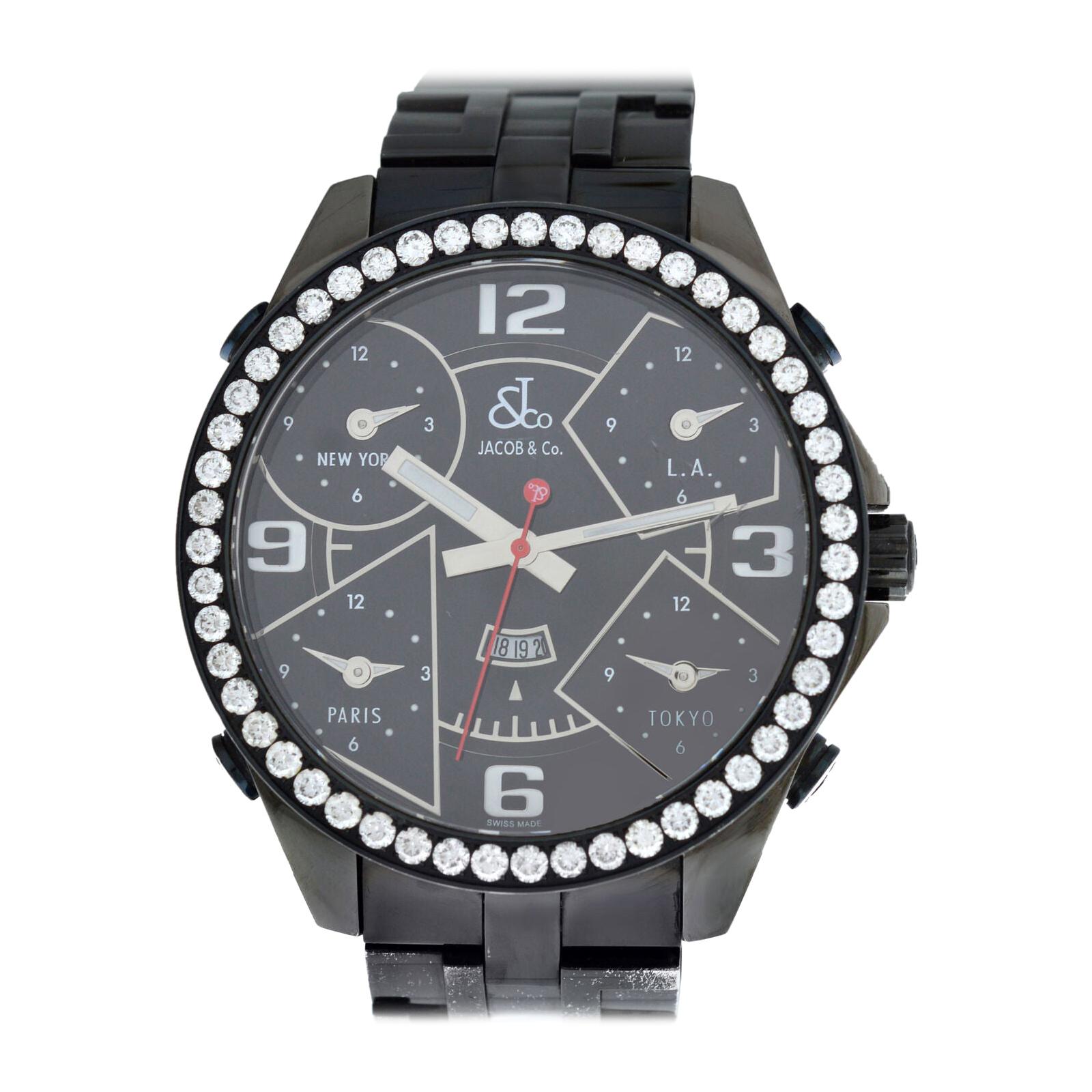 Unisex Jacob & Co. Five Time Zones Chronograph Diamond PVD Quartz Watch For Sale