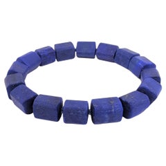 Unisex Lapis Lazuli Bracelet with Carved Rectangular Barrel Beads 7" wrist