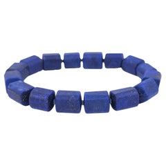 Unisex Lapis Lazuli Bracelet with Carved Rectangular Barrel Beads 7" wrist