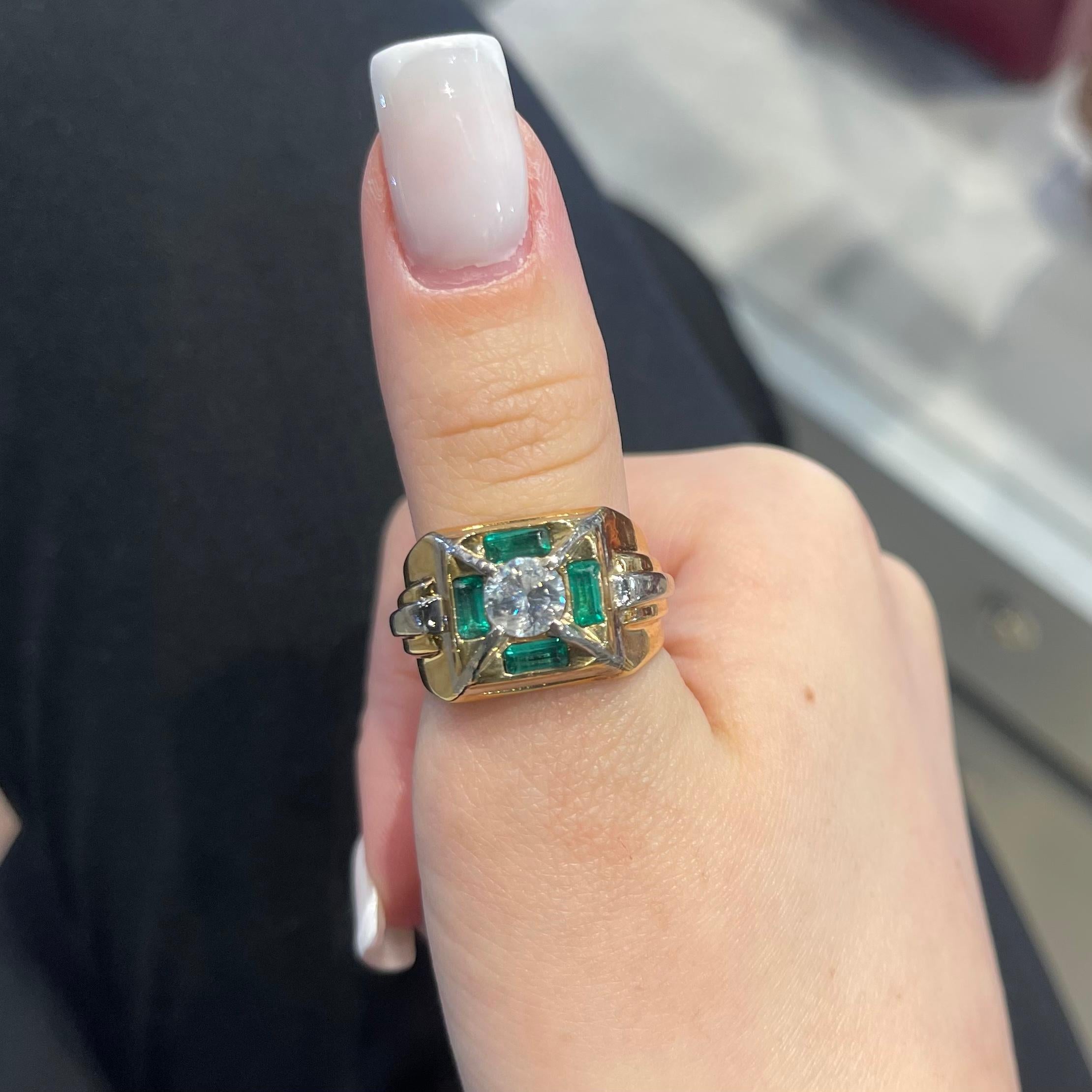 Style: Unisex Large Ring 

Metal: Yellow Gold 

​​​​​​​Stones: Emeralds & Diamond

Emeralds: 4

Diamonds: 1

Diamond Shape: Round

​​​​​​​Total Carat Weight: Approx. 0.8 ct​​​​​​​

Ring Size: 9 (Sizable)

Includes: 24 Month Brilliance Jewels