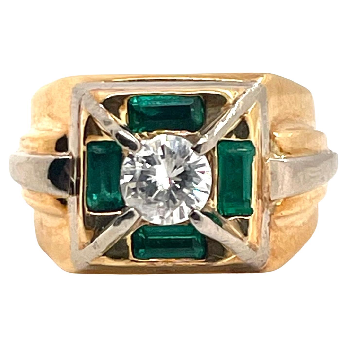 Unisex Large Emerald & Diamond Ring in Yellow Gold 'Sizable' For Sale