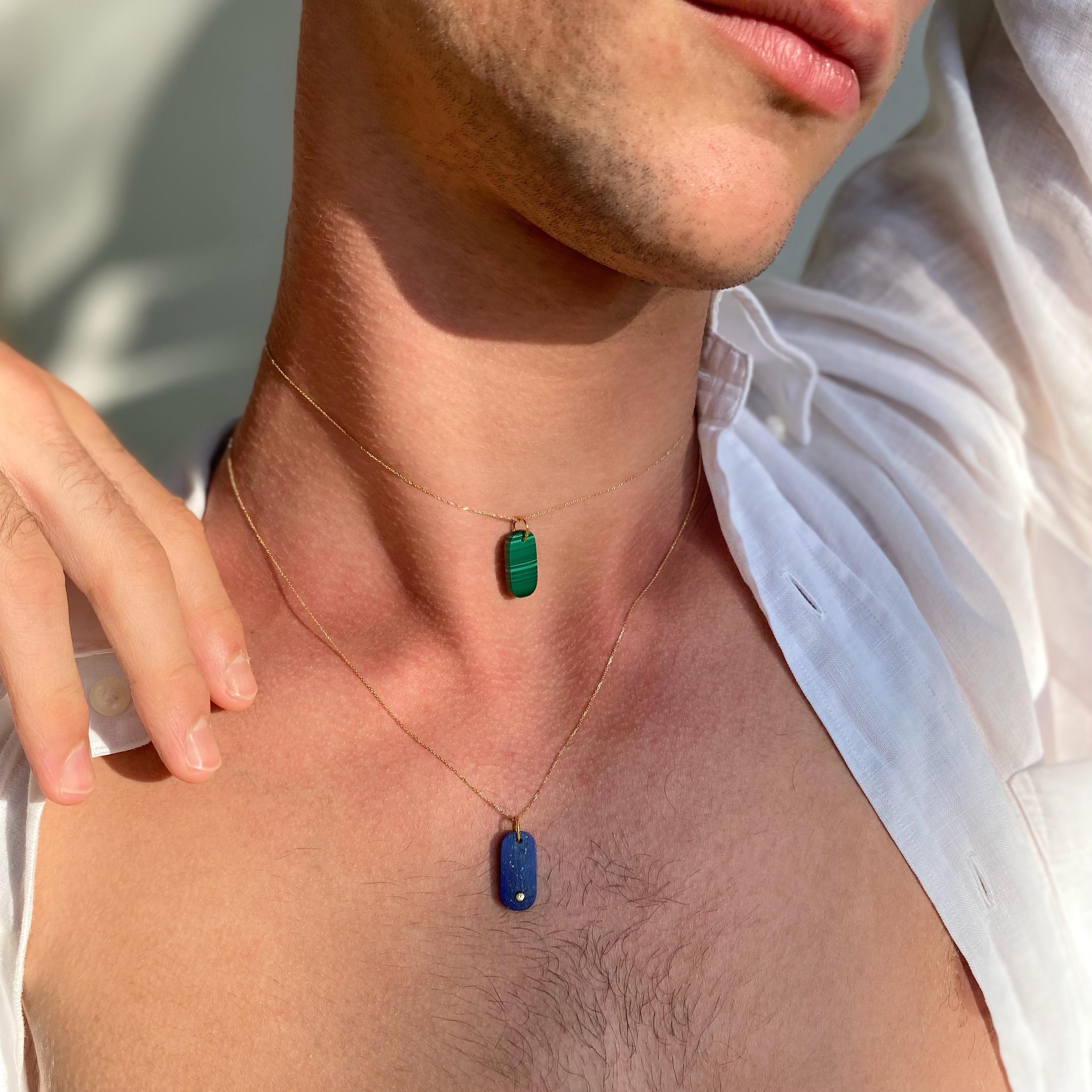 Contemporary Unisex Malachite Pendant Adorned with a GVSI Diamond in 18 Karat Yellow Gold For Sale