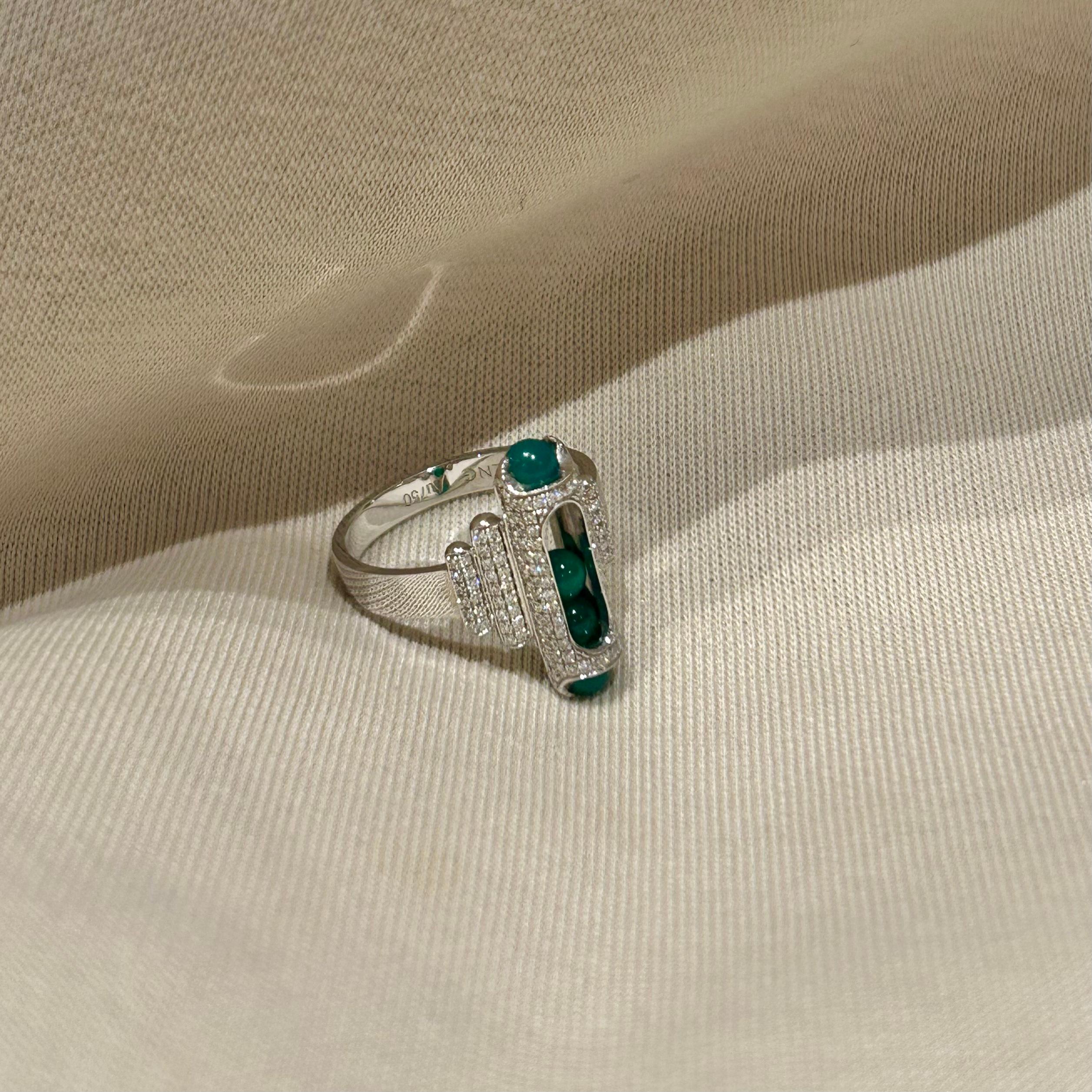 Artisan Unisex Melody Cocktail Ring 18 Karat White Gold Pave Diamonds Green Chalcedony For Sale