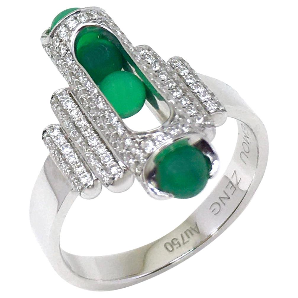 Unisex Melody Cocktail Ring 18 Karat White Gold Pave Diamonds Green Chalcedony For Sale