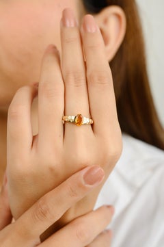 Unisex Natural Citrine and Diamond Engagement Ring in 14k Solid Yellow Gold