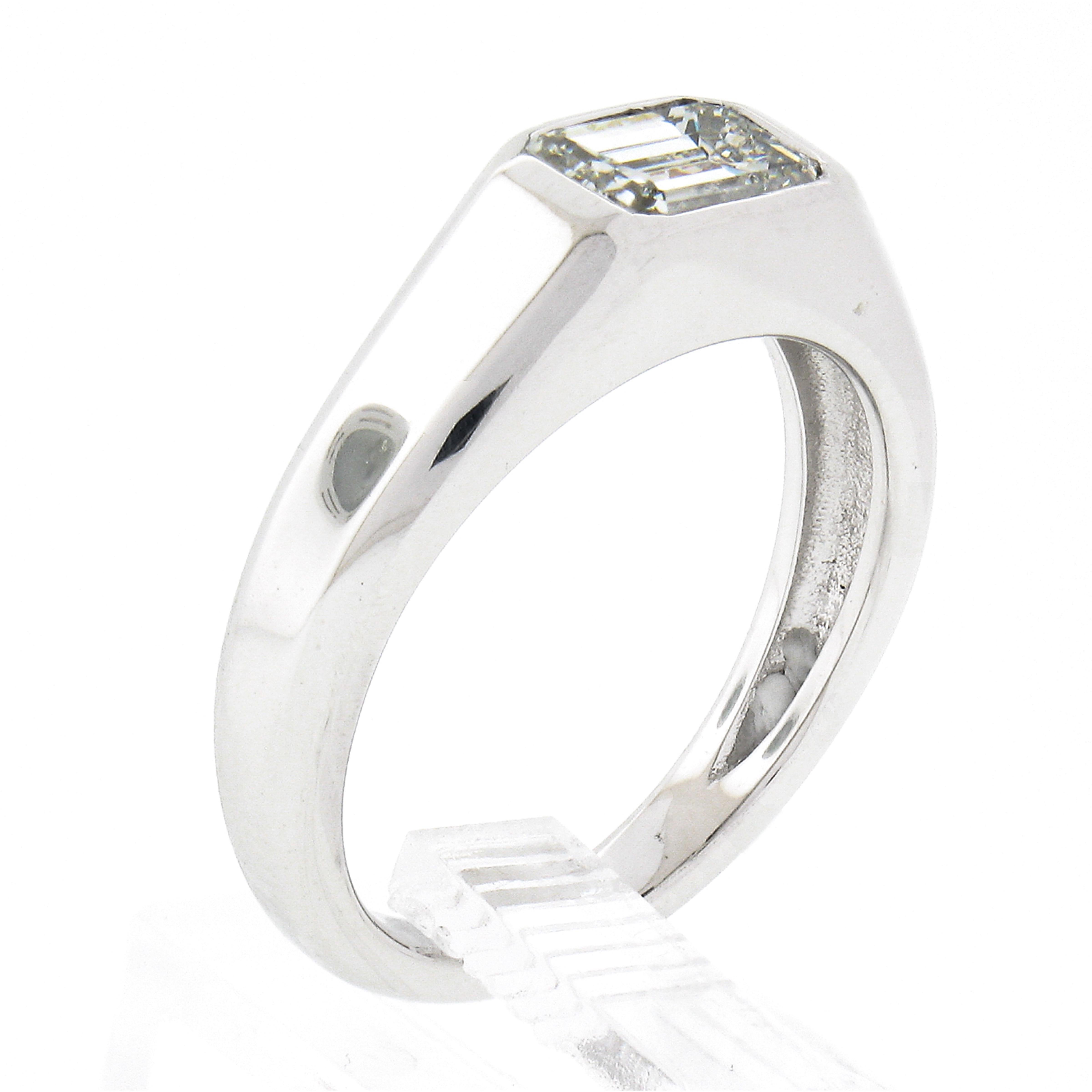 Unisex New Platinum 0.87ct GIA Emerald Cut Sideways Bezel Diamond Solitaire Ring For Sale 1