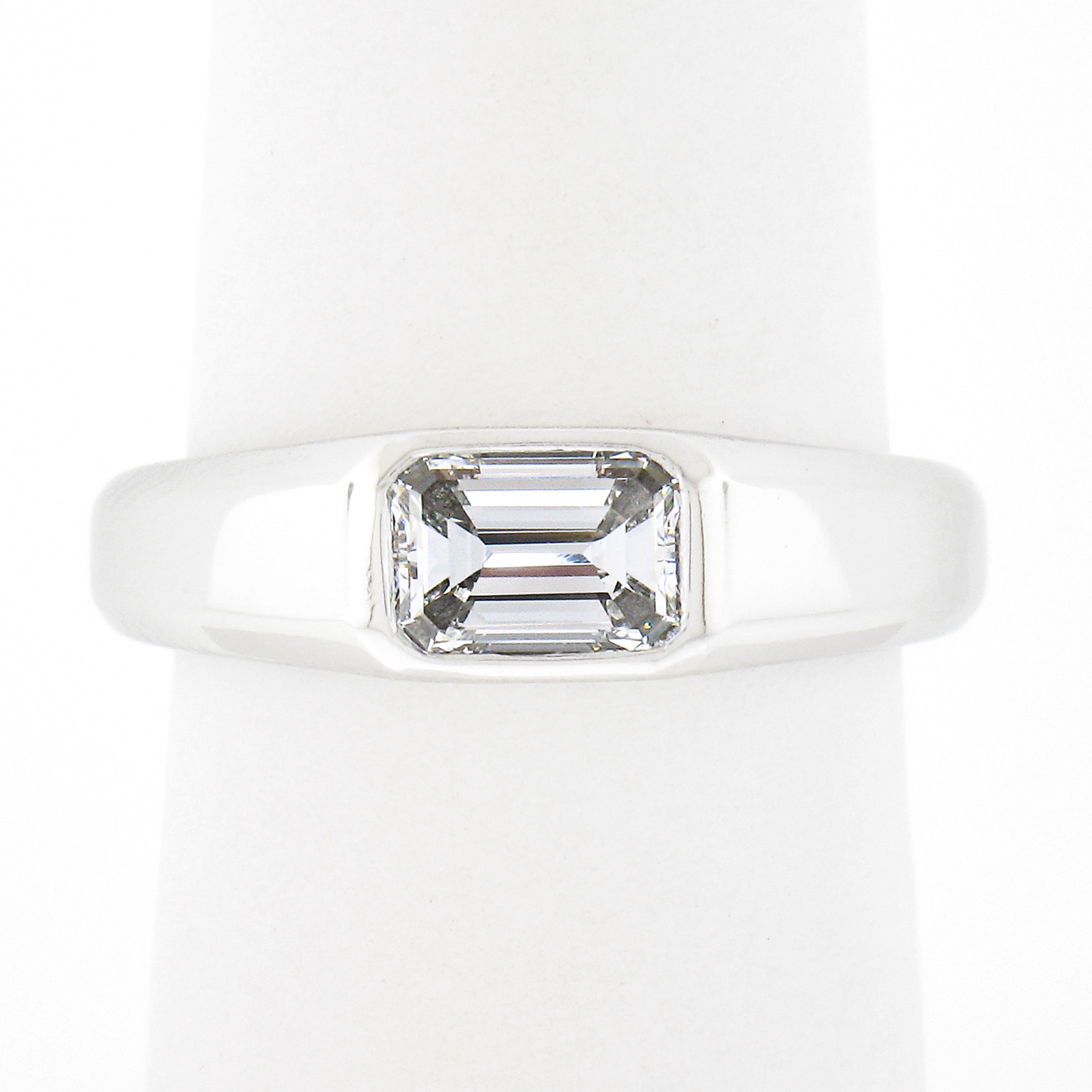 Unisex New Platinum 0.87ct GIA Emerald Cut Sideways Bezel Diamond Solitaire Ring For Sale 4