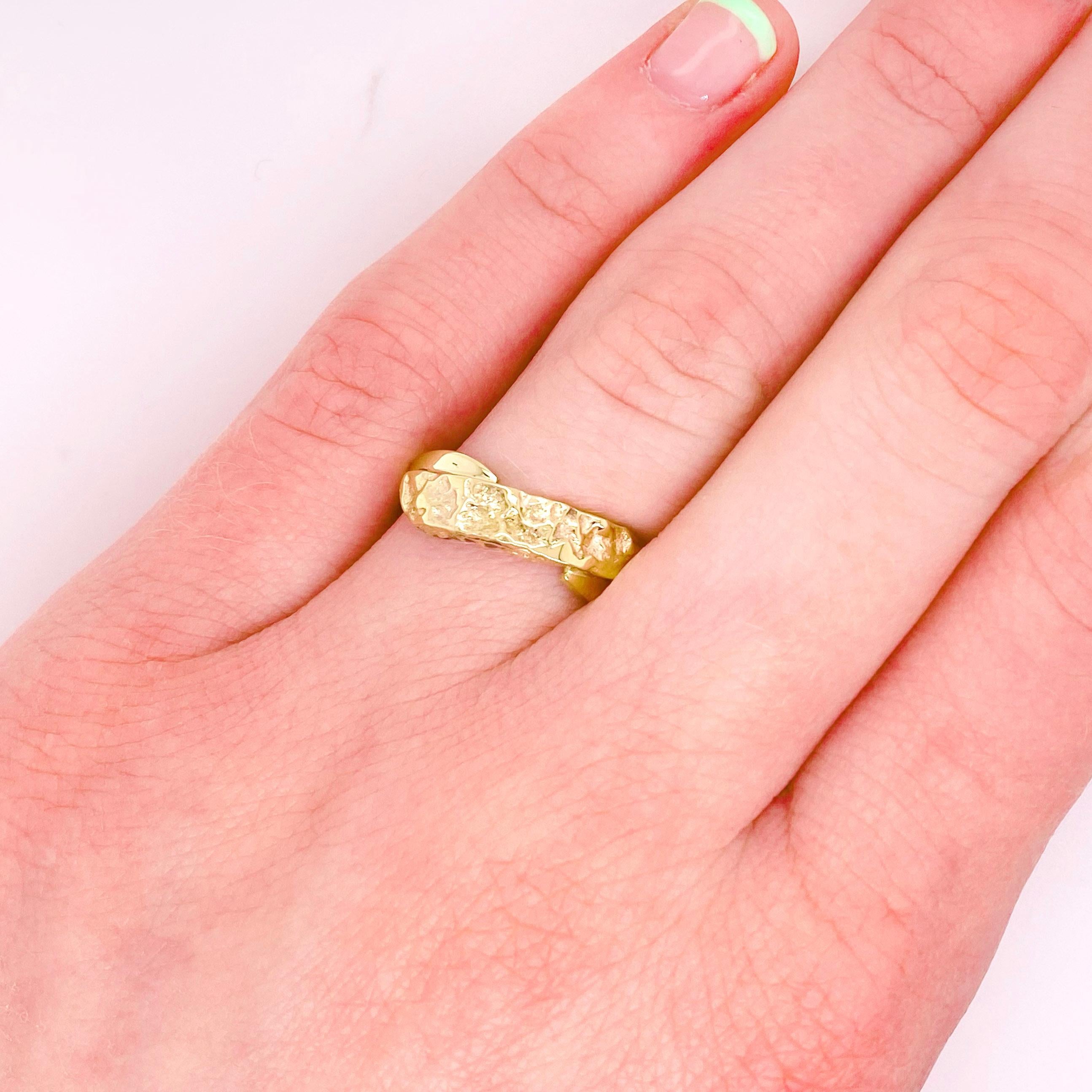This bypass style nugget bar ring was made by our designer Mary Rupert who has been creating jewelry for over 30 years. Originally this was a nugget pendant and she recently remade it into a stylish nugget bar ring. The small V's created where the
