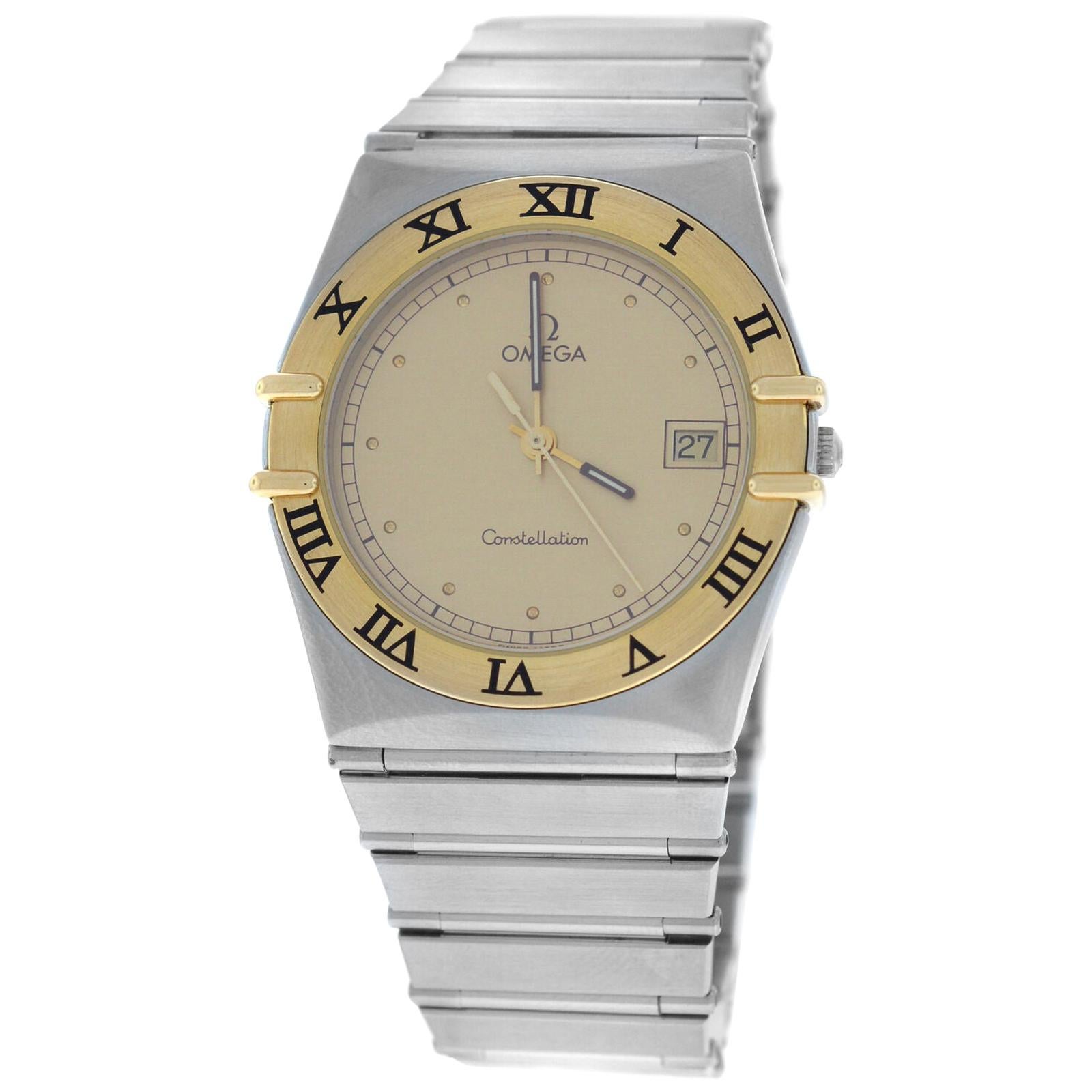 Unisex Omega Constellation 1410.10 Quartz Steel Gold Date Watch For Sale