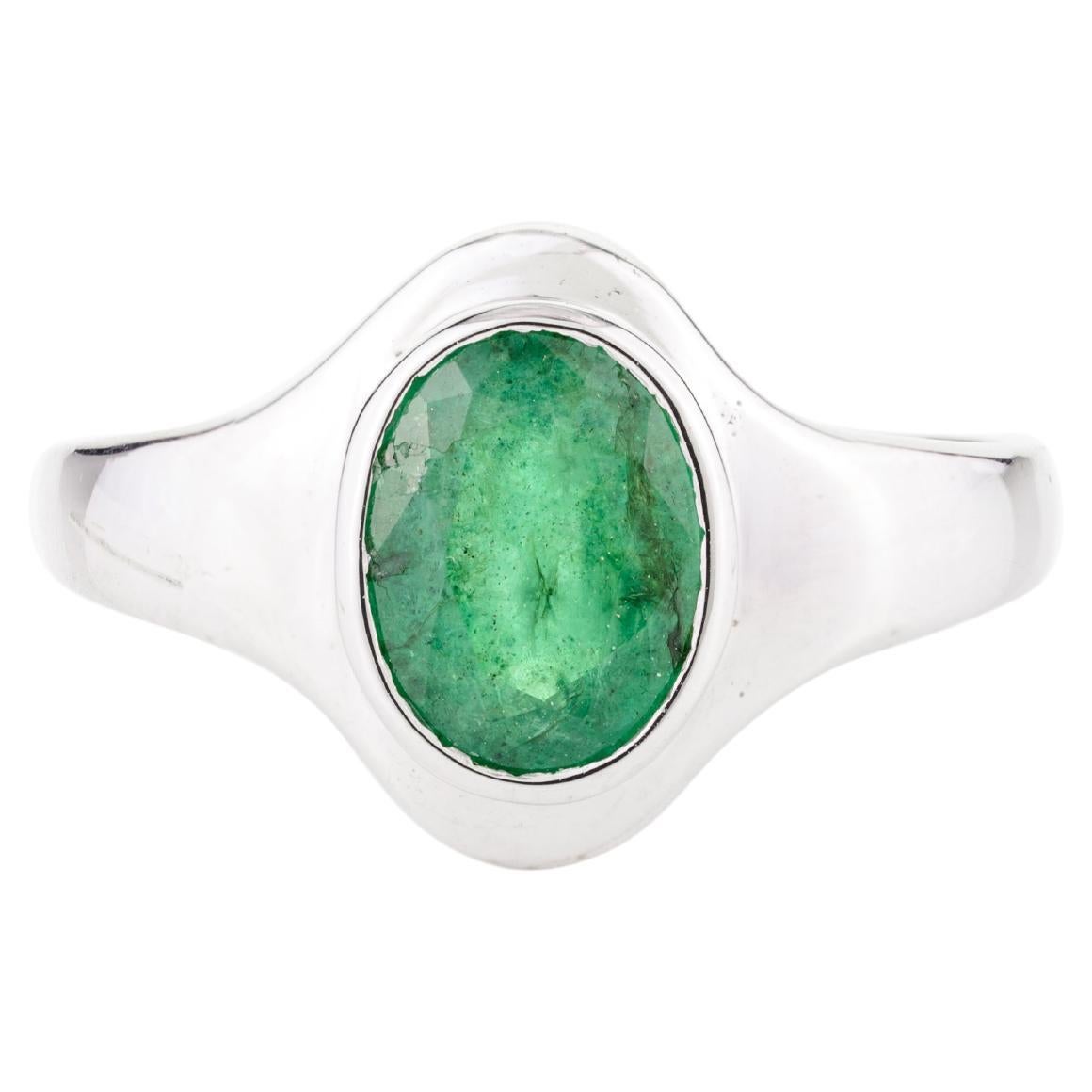 Unisex Oval Emerald Wedding Ring Gift for Him in 18k Solid White Gold
