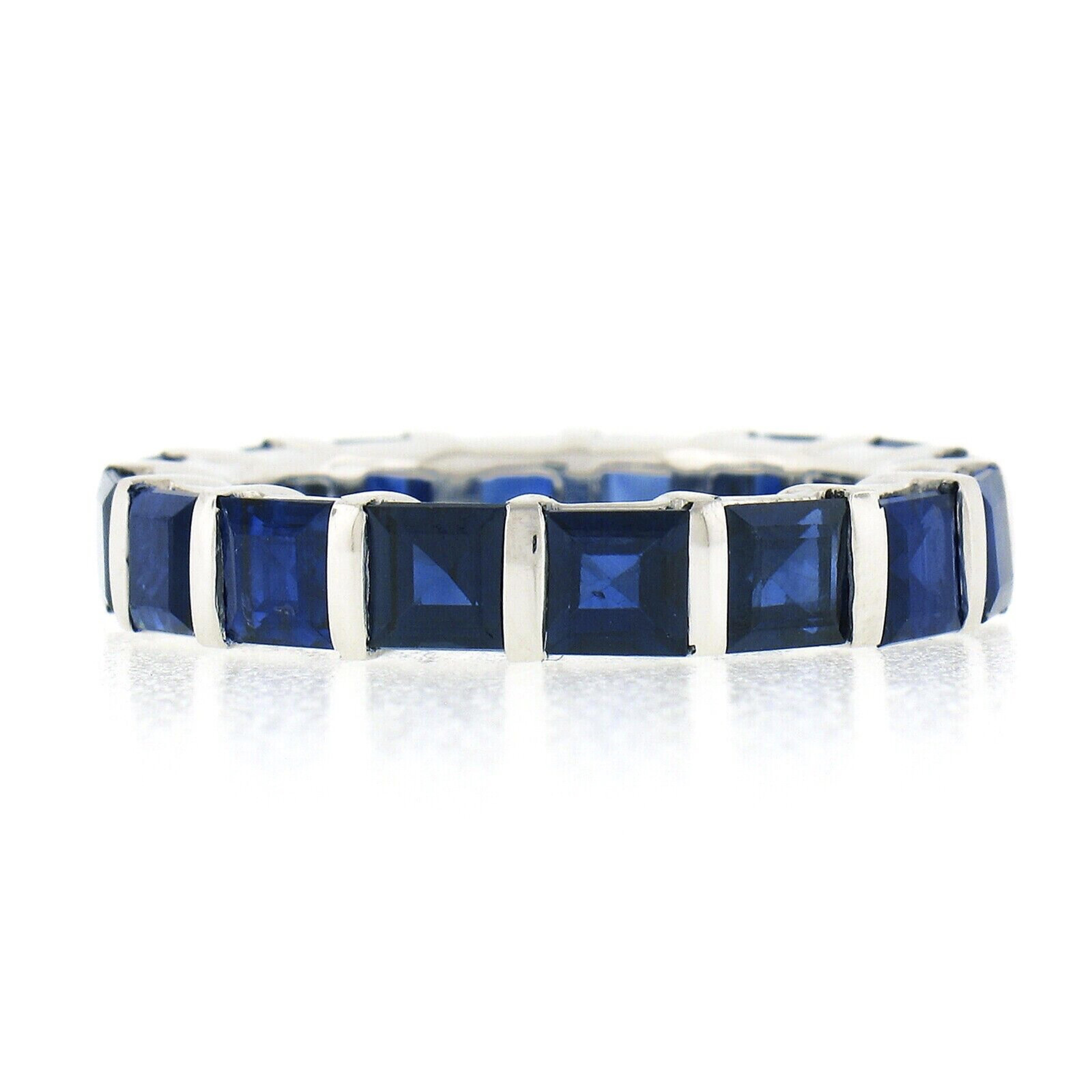 Unisex Platinum 5.61ctw Square Step Cut Sapphire Bar Channel Eternity Band Ring For Sale 1