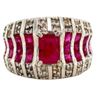 Bague unisexe Regal à anneau épais en argent sterling avec rubis et diamants