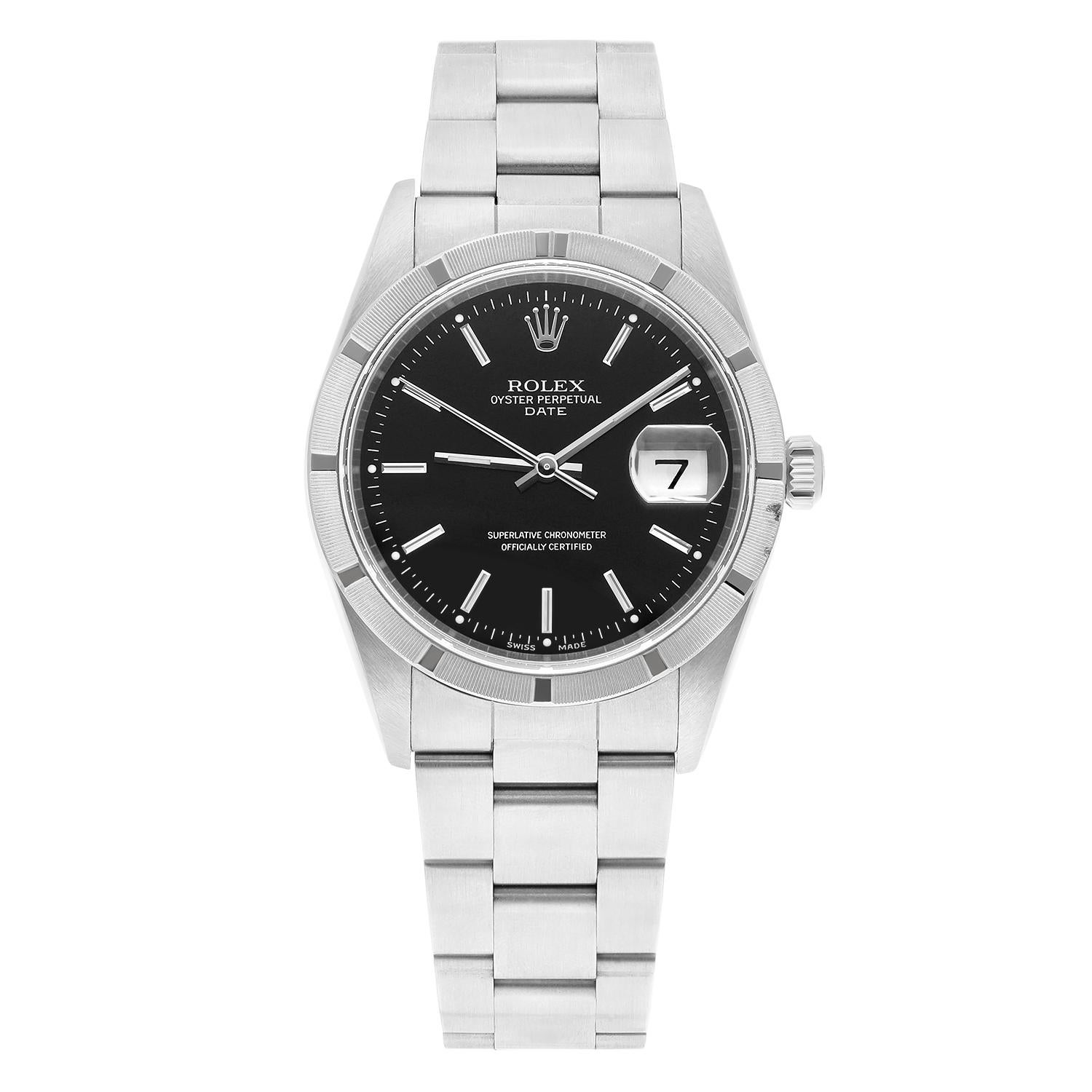 Unisex Rolex Date Stainless Steel Watch Oyster Black Dial 15210 Circa 1999 
This watch has been professionally polished, serviced and is in excellent overall condition. There are absolutely no visible scratches or blemishes. Bezel has a small dent