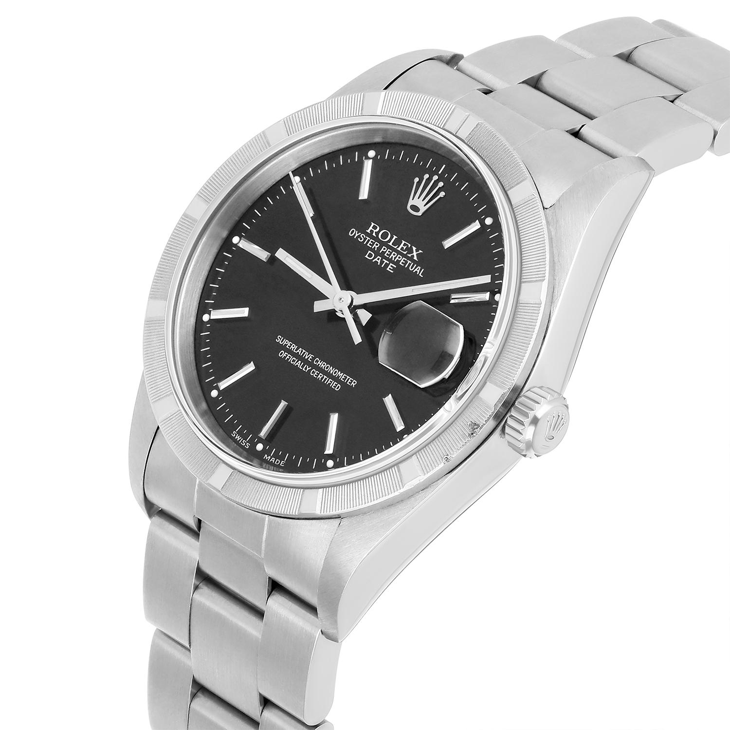 Modern Unisex Rolex Date Stainless Steel Watch Oyster Black Dial 15210 Circa 1999 For Sale