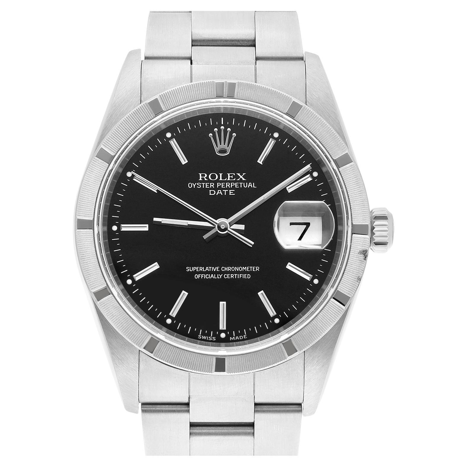 Unisex Rolex Date Stainless Steel Watch Oyster Black Dial 15210 Circa 1999 For Sale