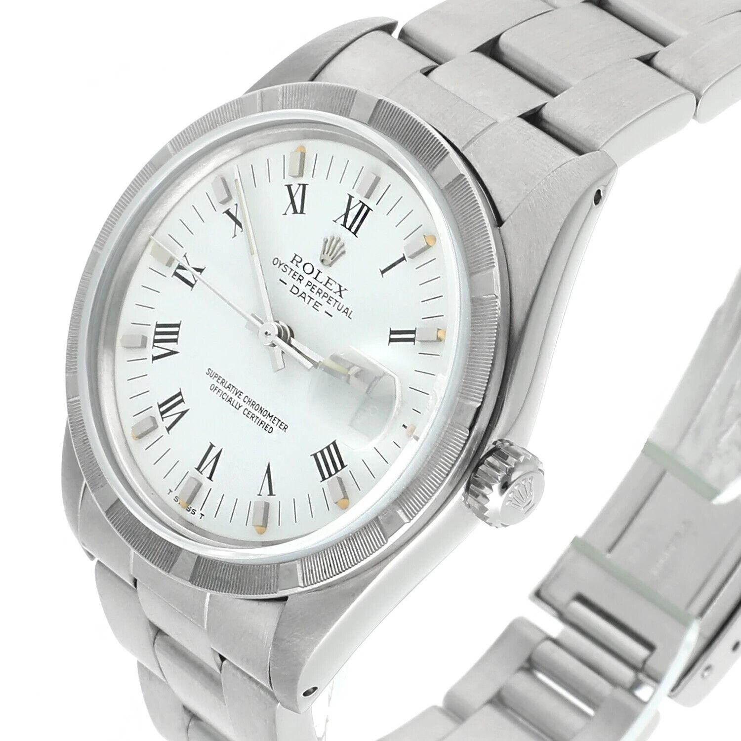 Unisex Rolex Date Stainless Steel Watch Oyster White Roman Dial 15010 Circa 1988. This watch has been professionally polished, serviced and is in excellent overall condition. There are absolutely no visible scratches or blemishes. All parts are 100%