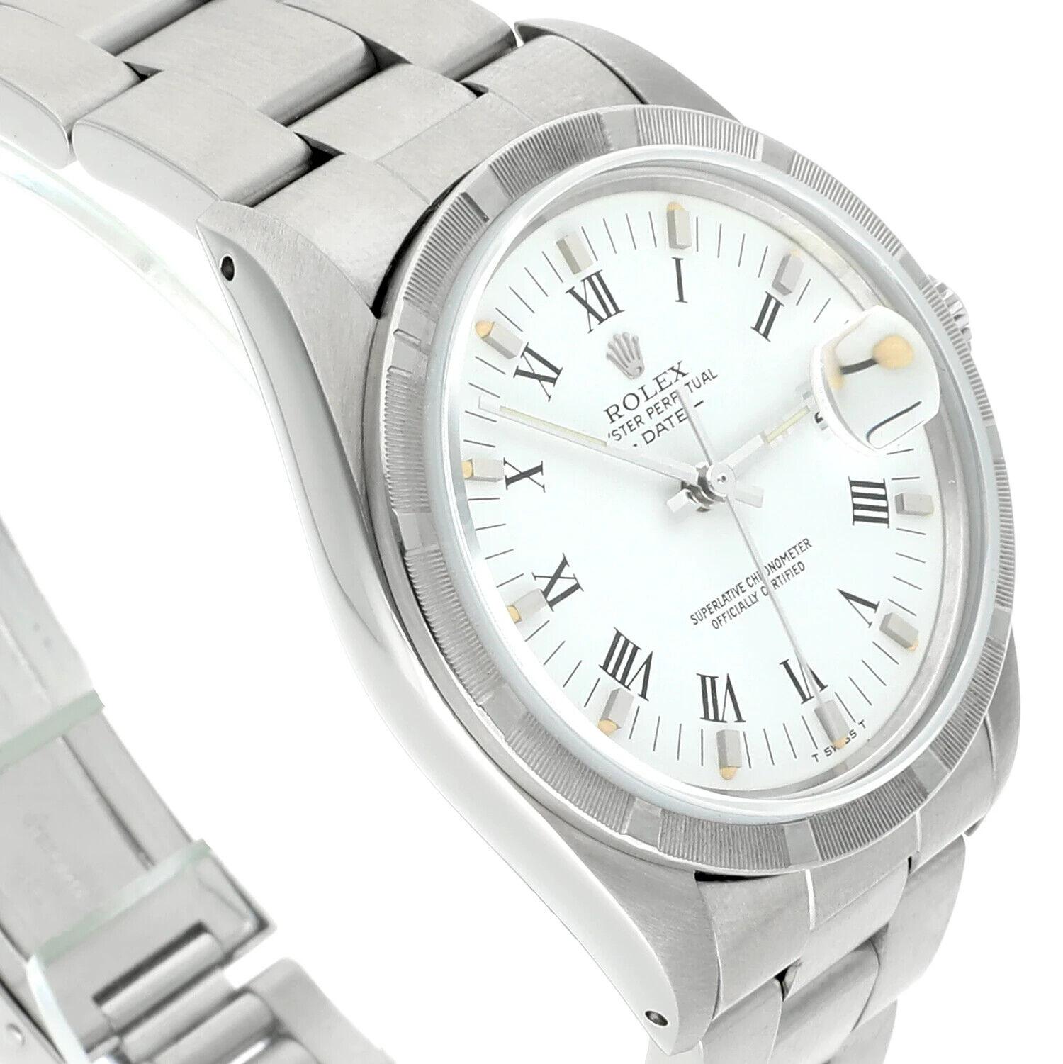 Unisex Rolex Date Stainless Steel Watch Oyster White Roman Dial 15010 Circa 1988 In Excellent Condition For Sale In New York, NY