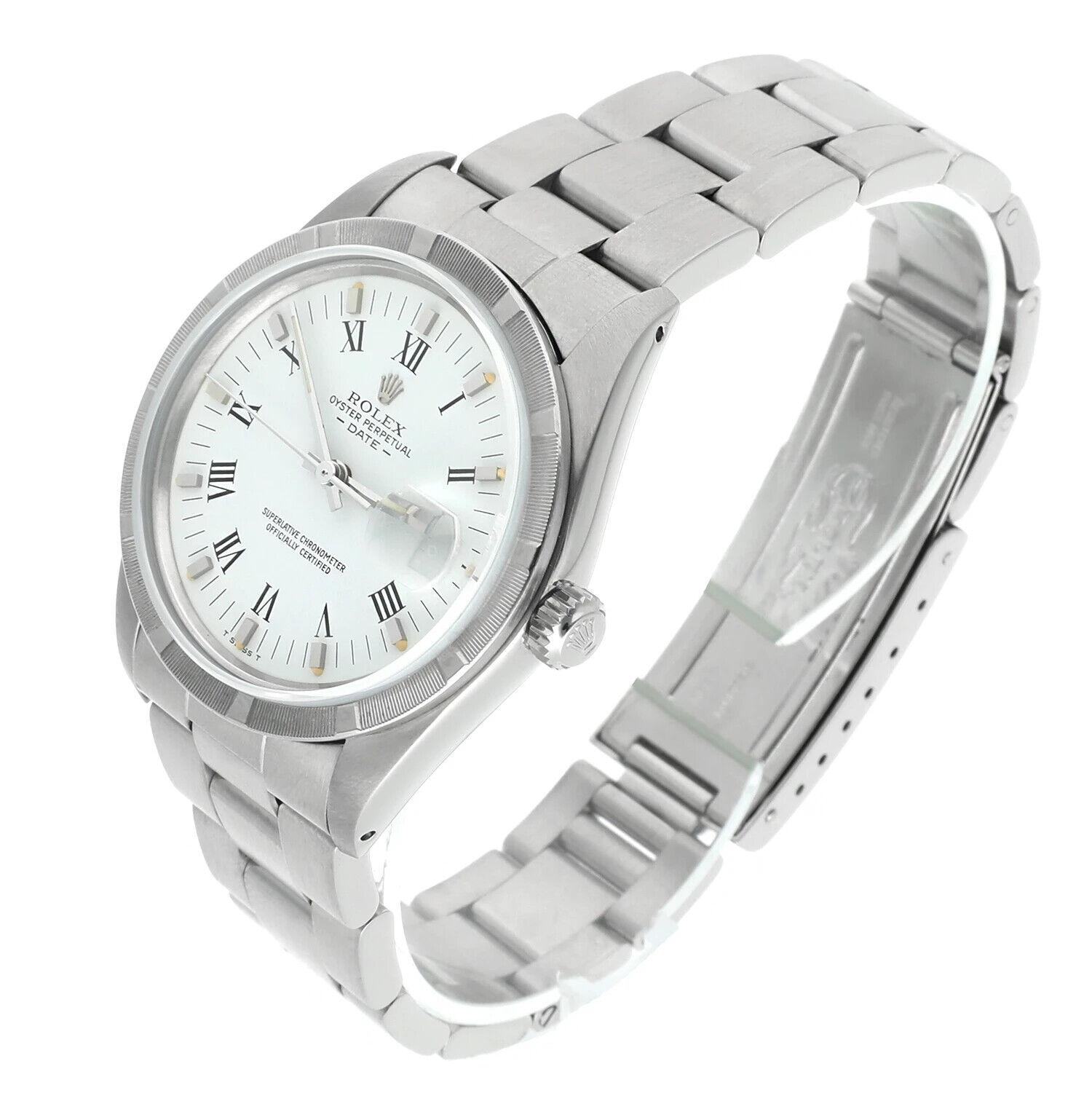 Women's Unisex Rolex Date Stainless Steel Watch Oyster White Roman Dial 15010 Circa 1988 For Sale