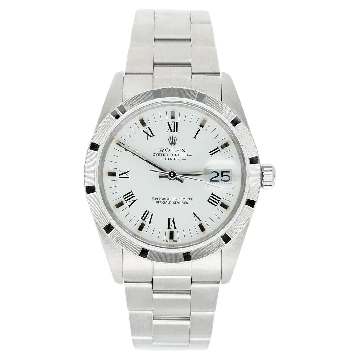 Unisex Rolex Date Stainless Steel Watch Oyster White Roman Dial 15010 Circa 1988 For Sale