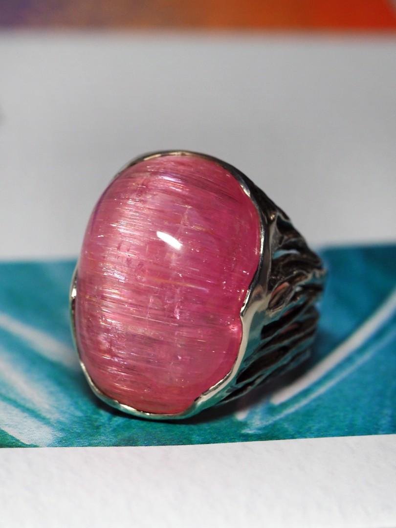 Unisex Rubellite Silver Ring Cats Eye Effect Big Bright Pink Cabochon Chatoyancy 3