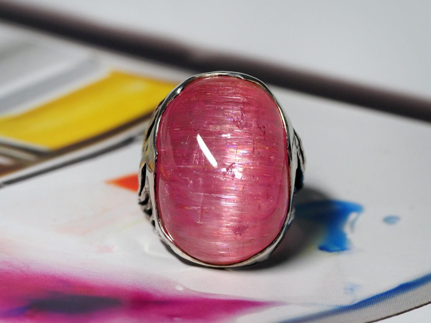 Unisex Rubellite Silver Ring Cats Eye Effect Big Bright Pink Cabochon Chatoyancy 4