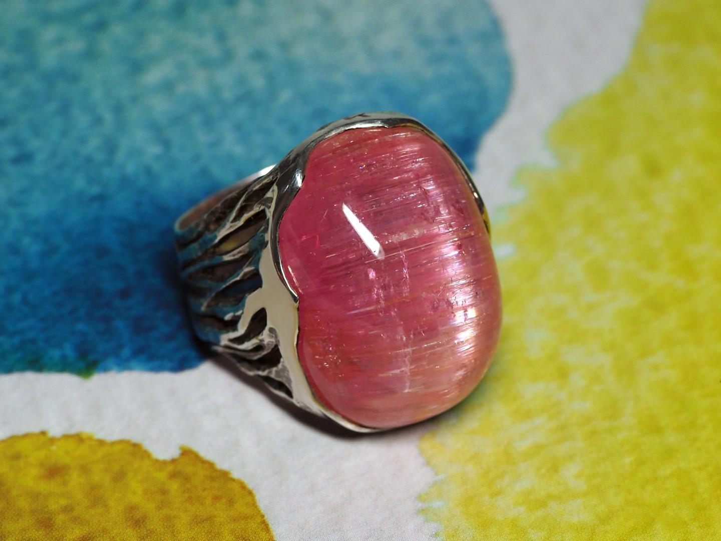 Unisex Rubellite Silver Ring Cats Eye Effect Big Bright Pink Cabochon Chatoyancy 5