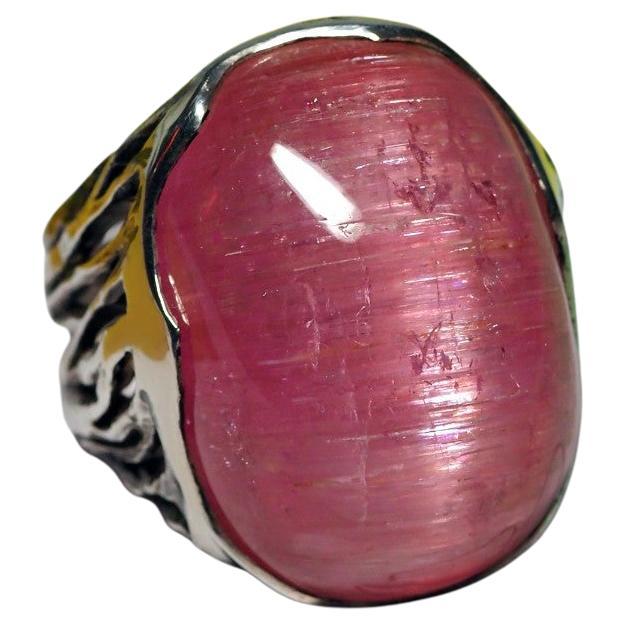 Unisex Rubellite Silver Ring Cats Eye Effect Big Bright Pink Cabochon Chatoyancy 6