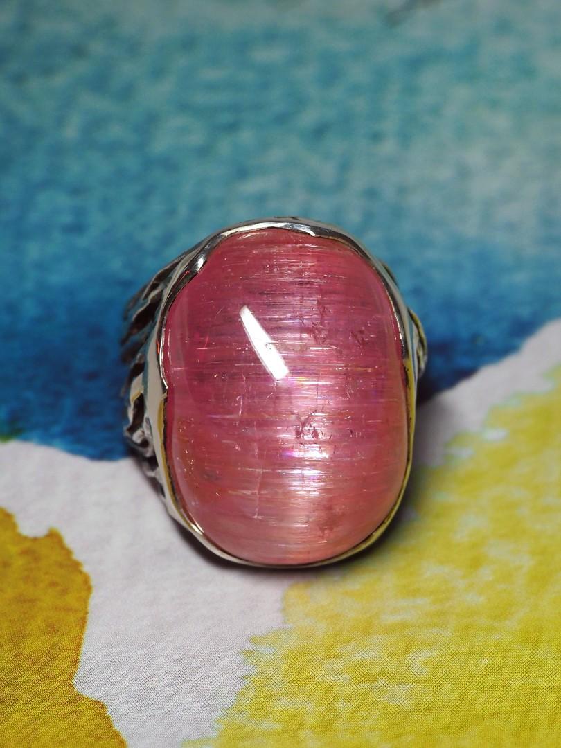 Unisex Rubellite Silver Ring Cats Eye Effect Big Bright Pink Cabochon Chatoyancy 7