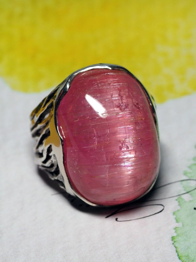 Unisex Rubellite Silver Ring Cats Eye Effect Big Bright Pink Cabochon Chatoyancy 8