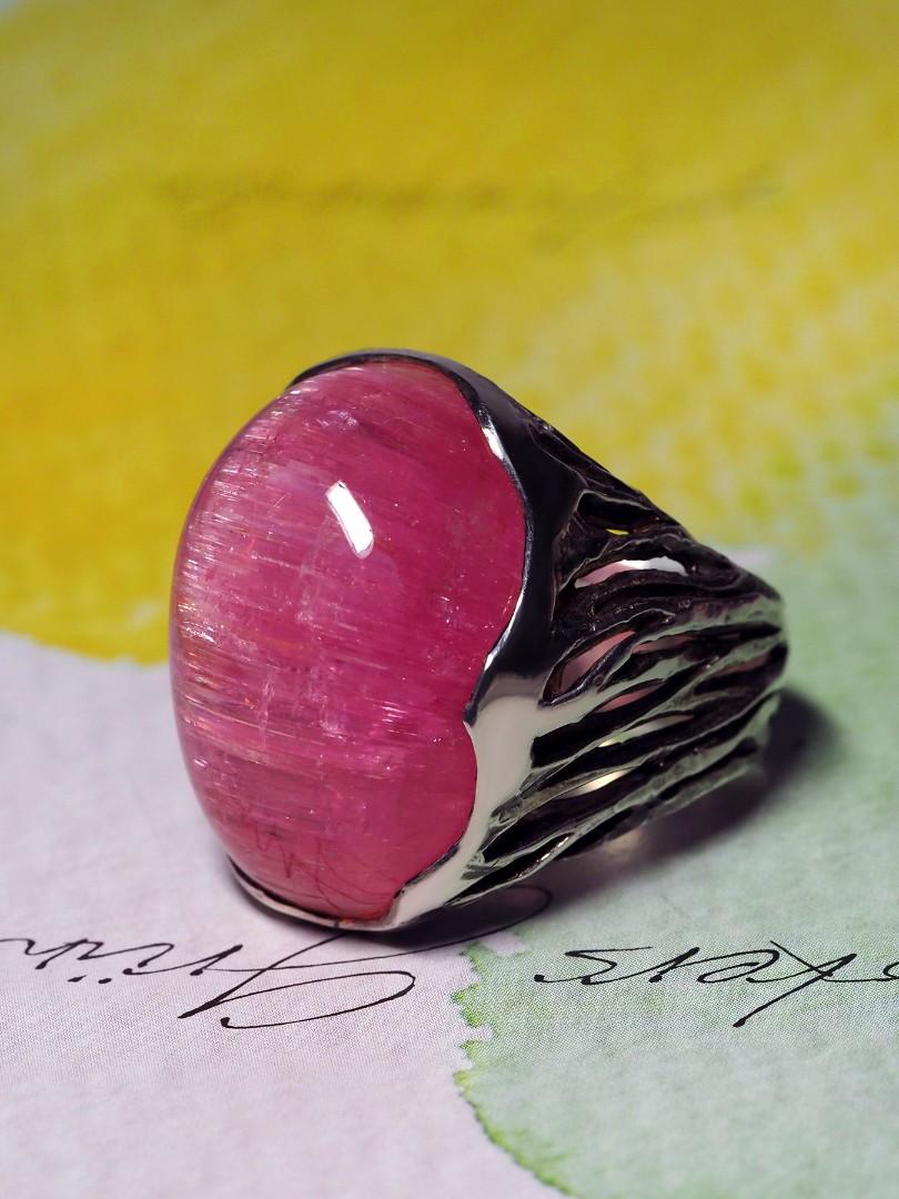 Unisex Rubellite Silver Ring Cats Eye Effect Big Bright Pink Cabochon Chatoyancy 9
