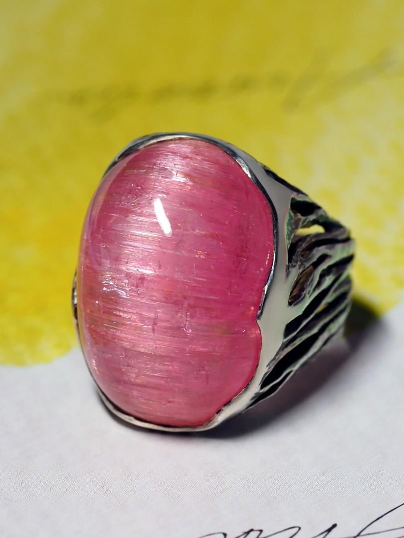Unisex Rubellite Silver Ring Cats Eye Effect Big Bright Pink Cabochon Chatoyancy 10
