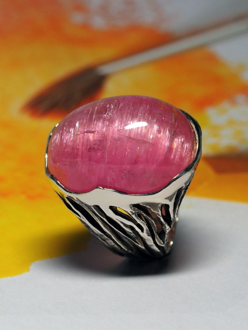 Unisex Rubellite Silver Ring Cats Eye Effect Big Bright Pink Cabochon Chatoyancy 1