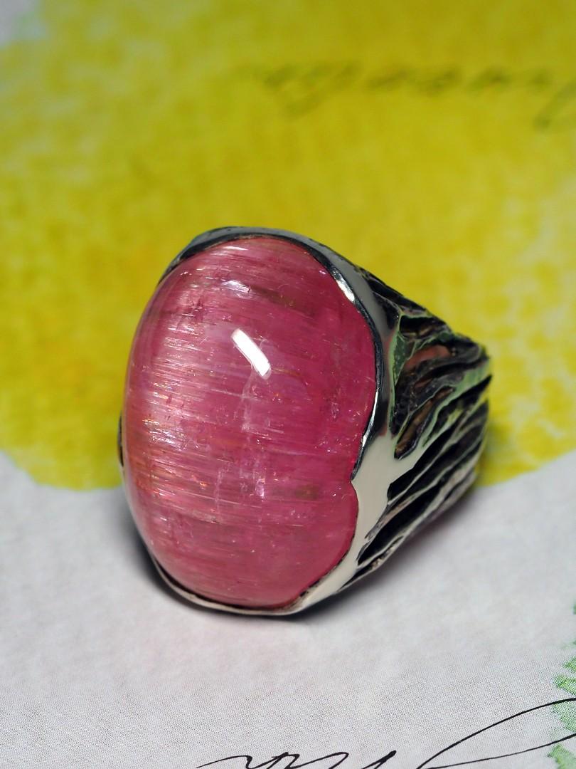 Unisex Rubellite Silver Ring Cats Eye Effect Big Bright Pink Cabochon Chatoyancy 2