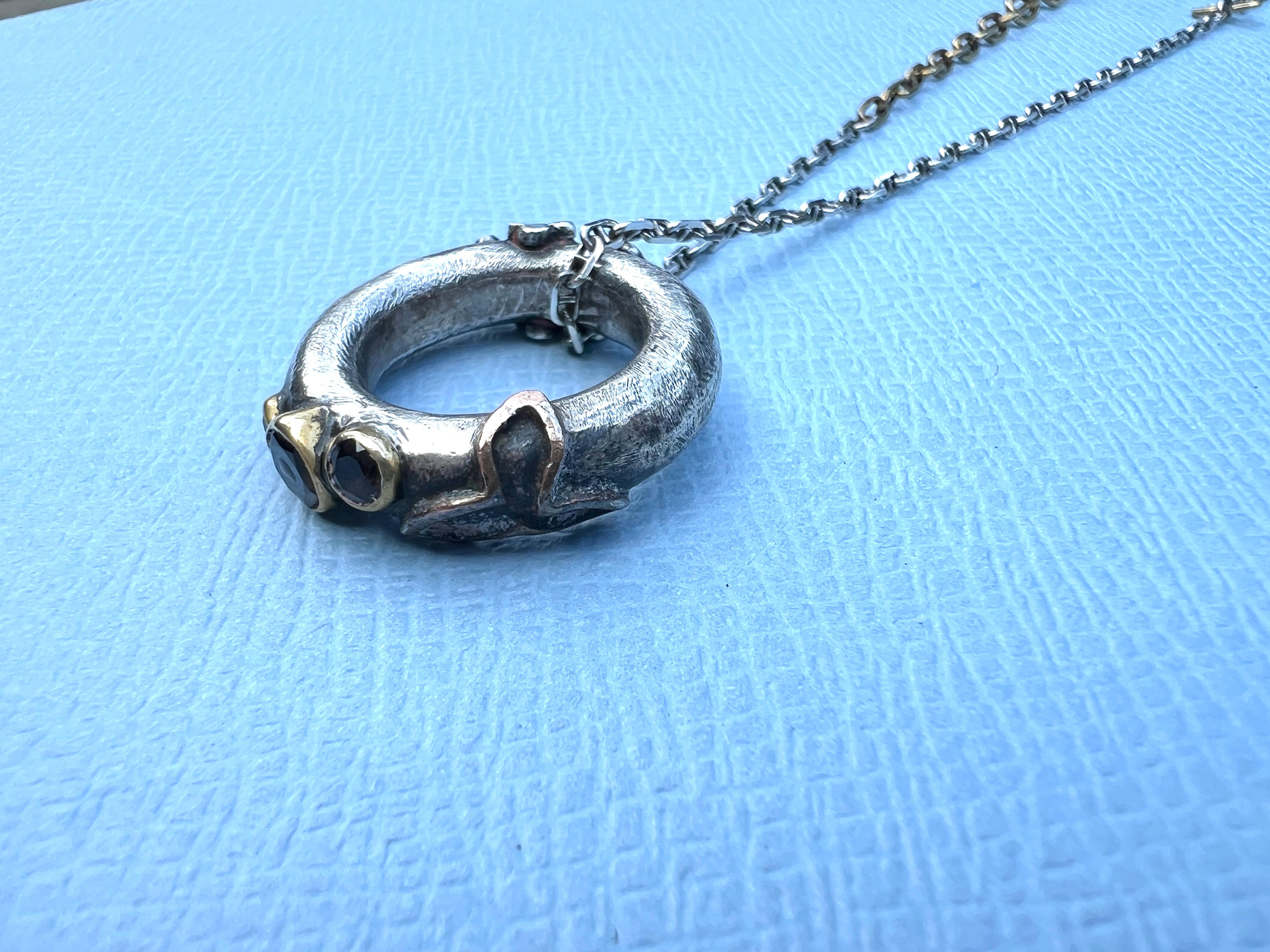 da uomo o donna Anello unisex d'argento a catena di quarzo fumé Croce d'argento con trifoglio in vendita