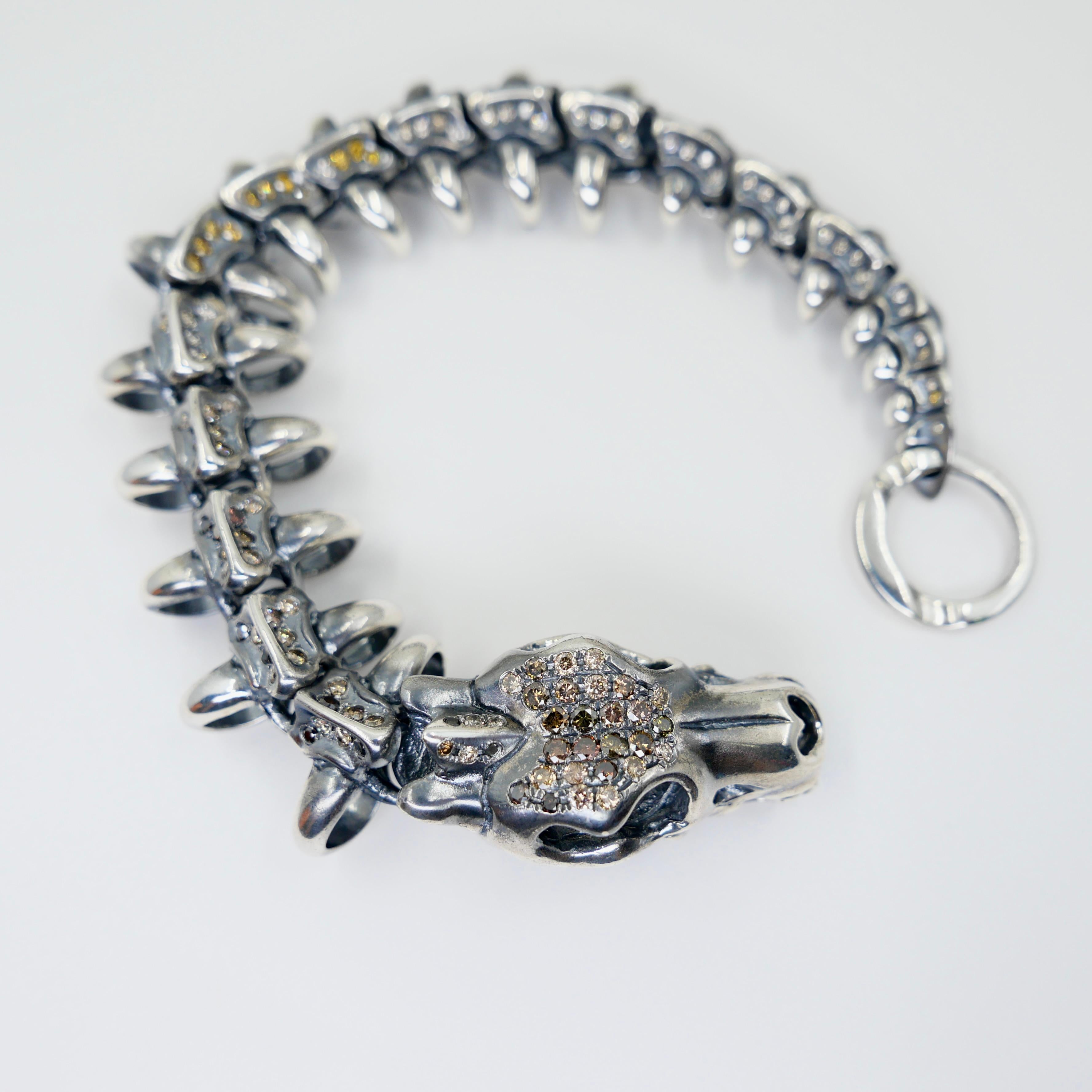 Unisex Silver & Fancy Color Natural Diamonds Dragon Bracelet. Statement Piece! For Sale 6