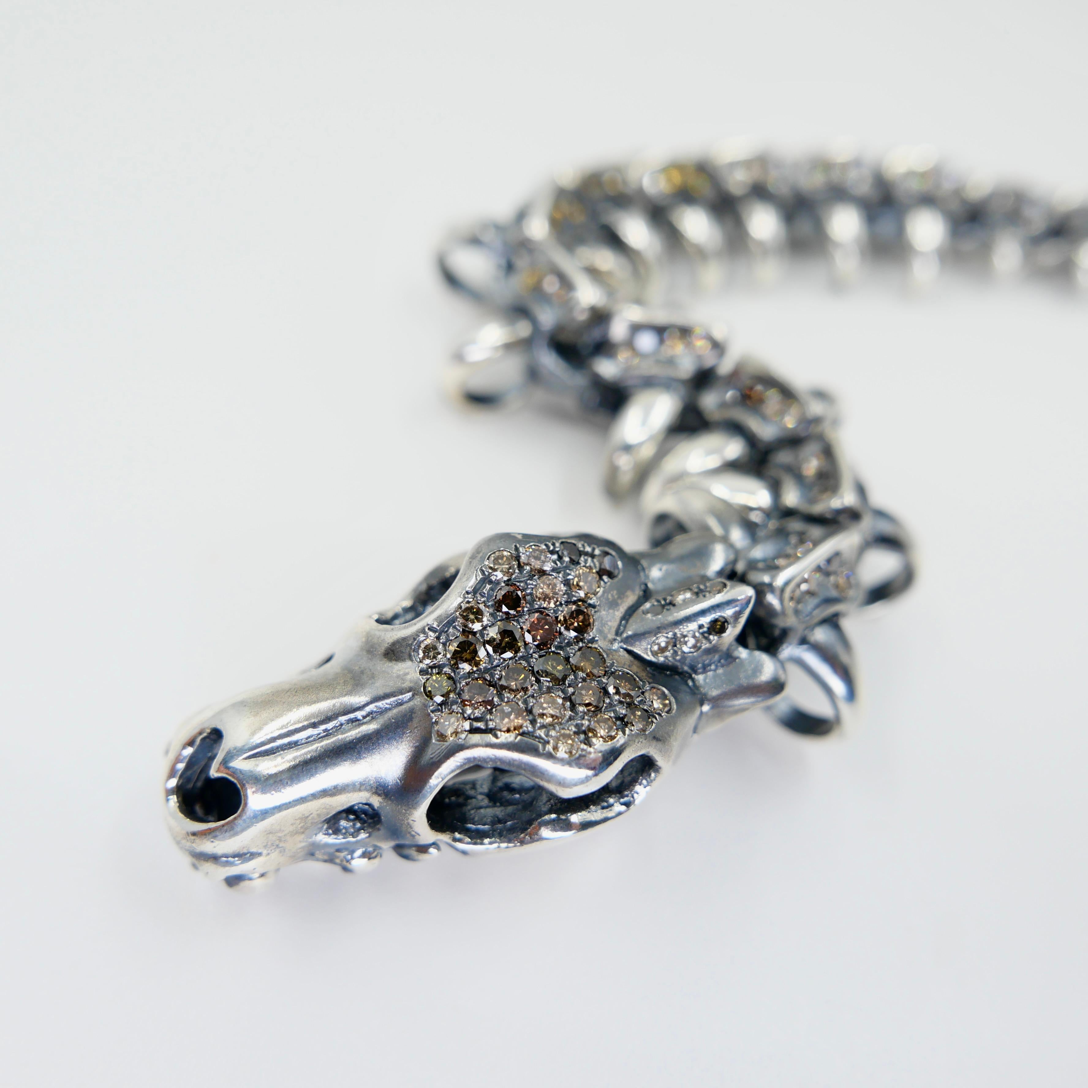 Unisex Silver & Fancy Color Natural Diamonds Dragon Bracelet. Statement Piece! For Sale 8