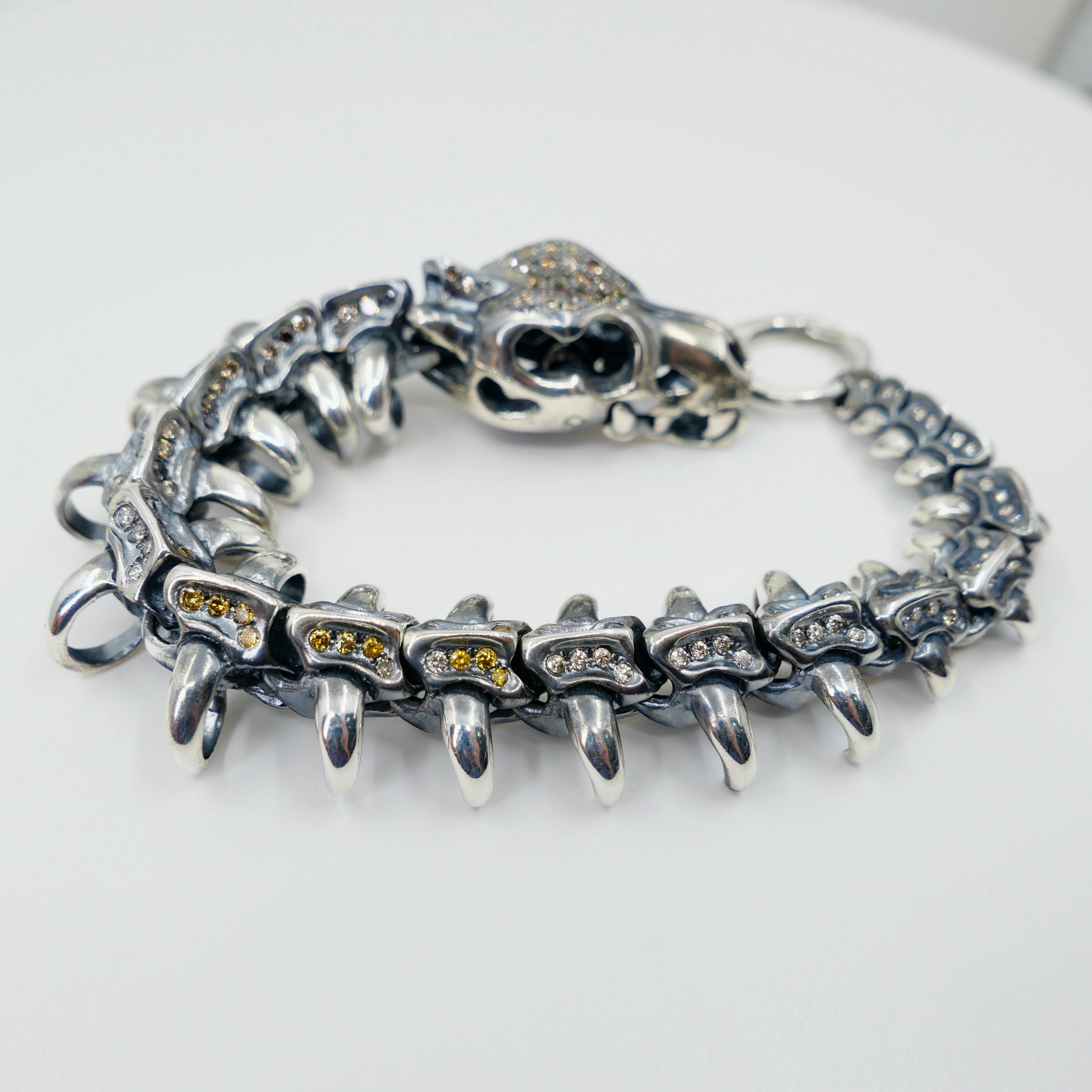 Unisex Silver & Fancy Color Natural Diamonds Dragon Bracelet. Statement Piece! For Sale 9