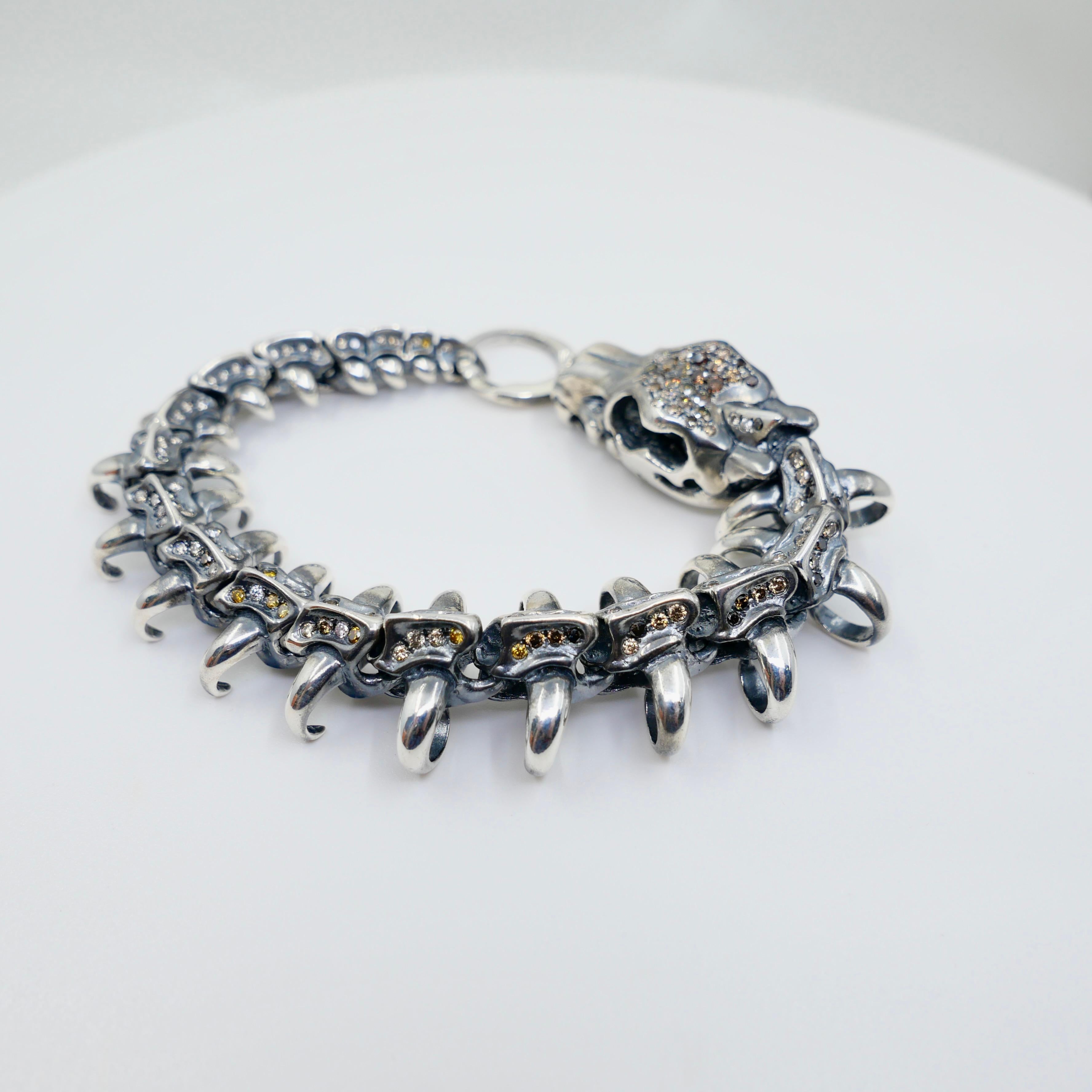 Unisex Silver & Fancy Color Natural Diamonds Dragon Bracelet. Statement Piece! For Sale 11