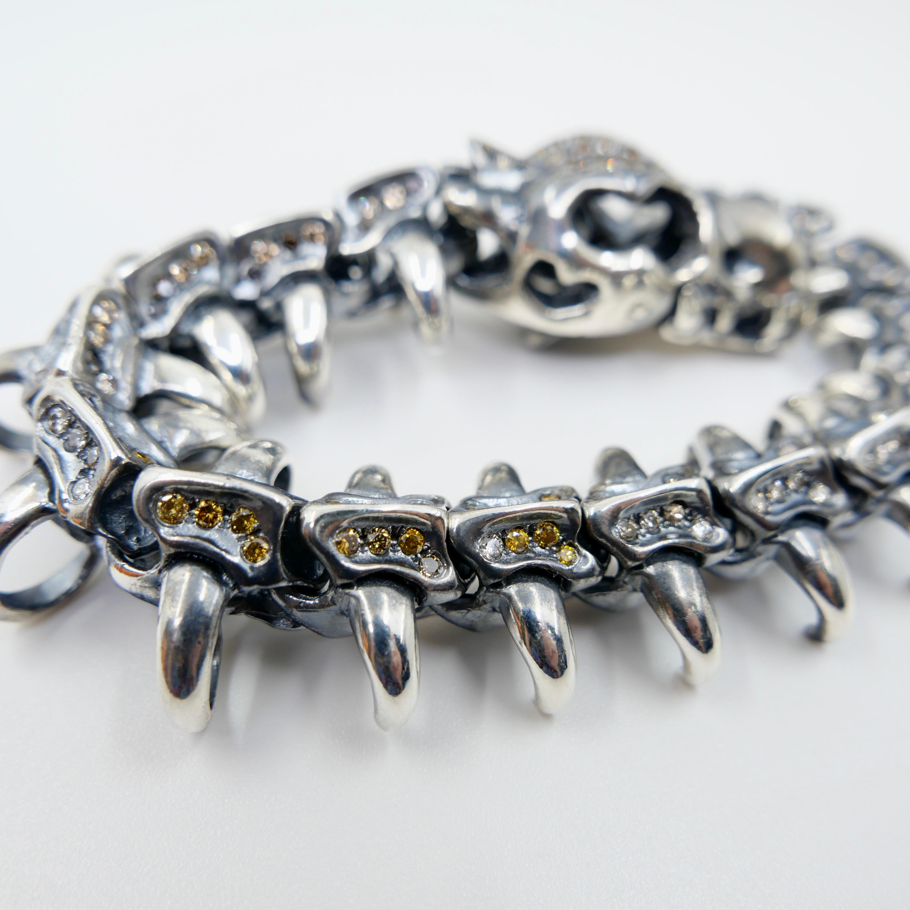 Unisex Silver & Fancy Color Natural Diamonds Dragon Bracelet. Statement Piece! For Sale 13