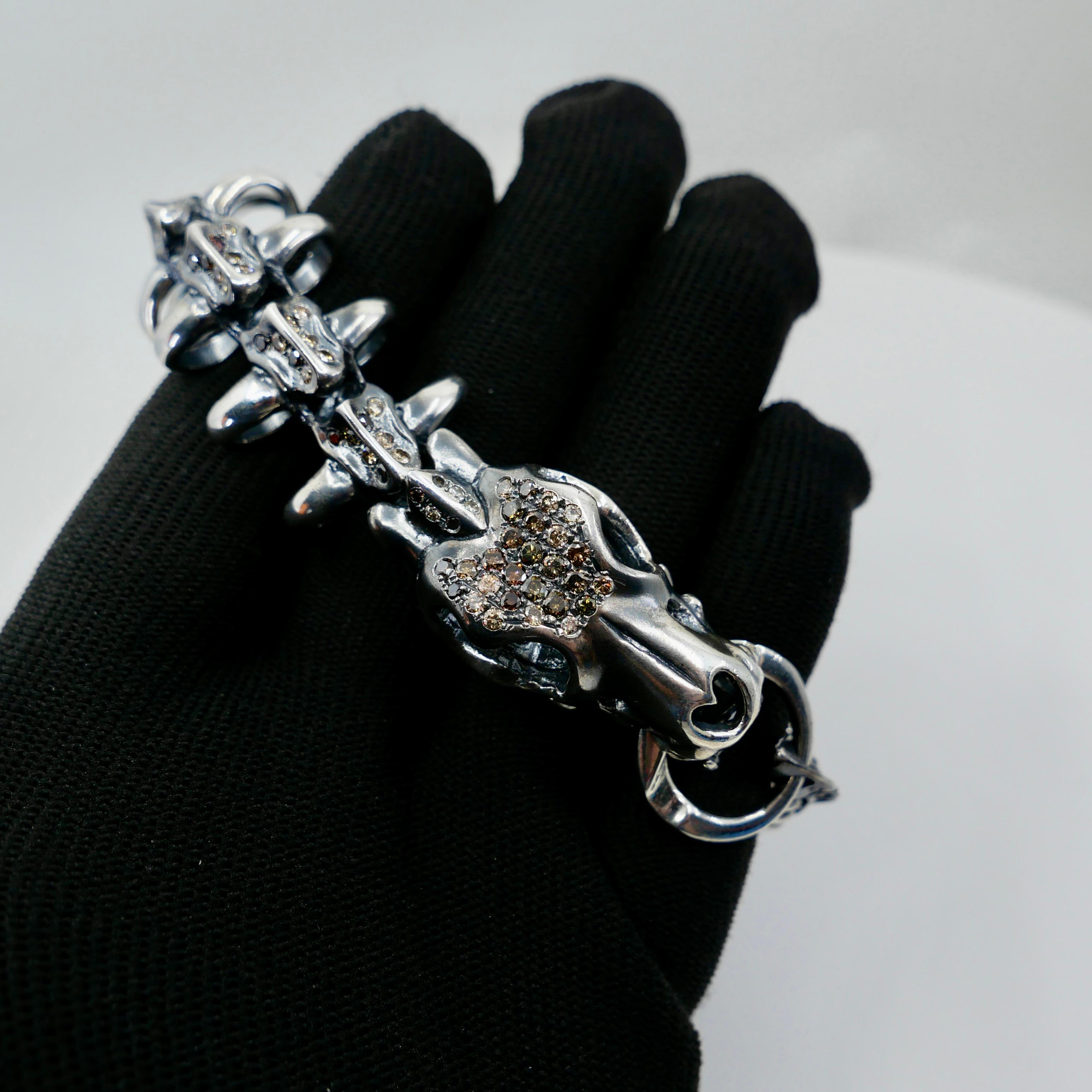 Unisex Silver & Fancy Color Natural Diamonds Dragon Bracelet. Statement Piece! For Sale 14