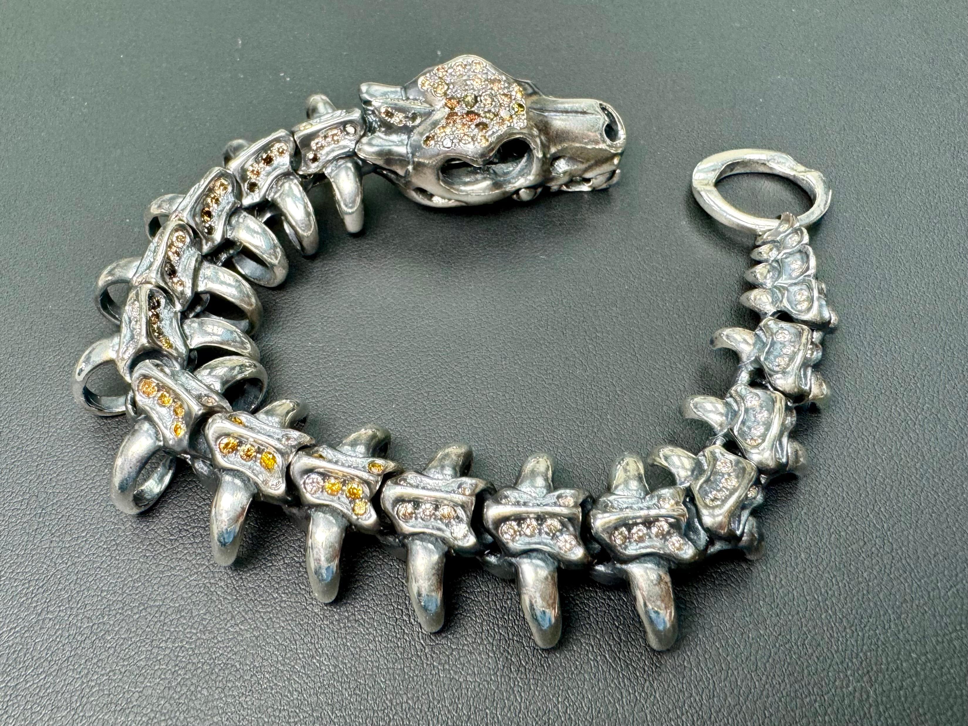 Rough Cut Unisex Silver & Fancy Color Natural Diamonds Dragon Bracelet. Statement Piece! For Sale