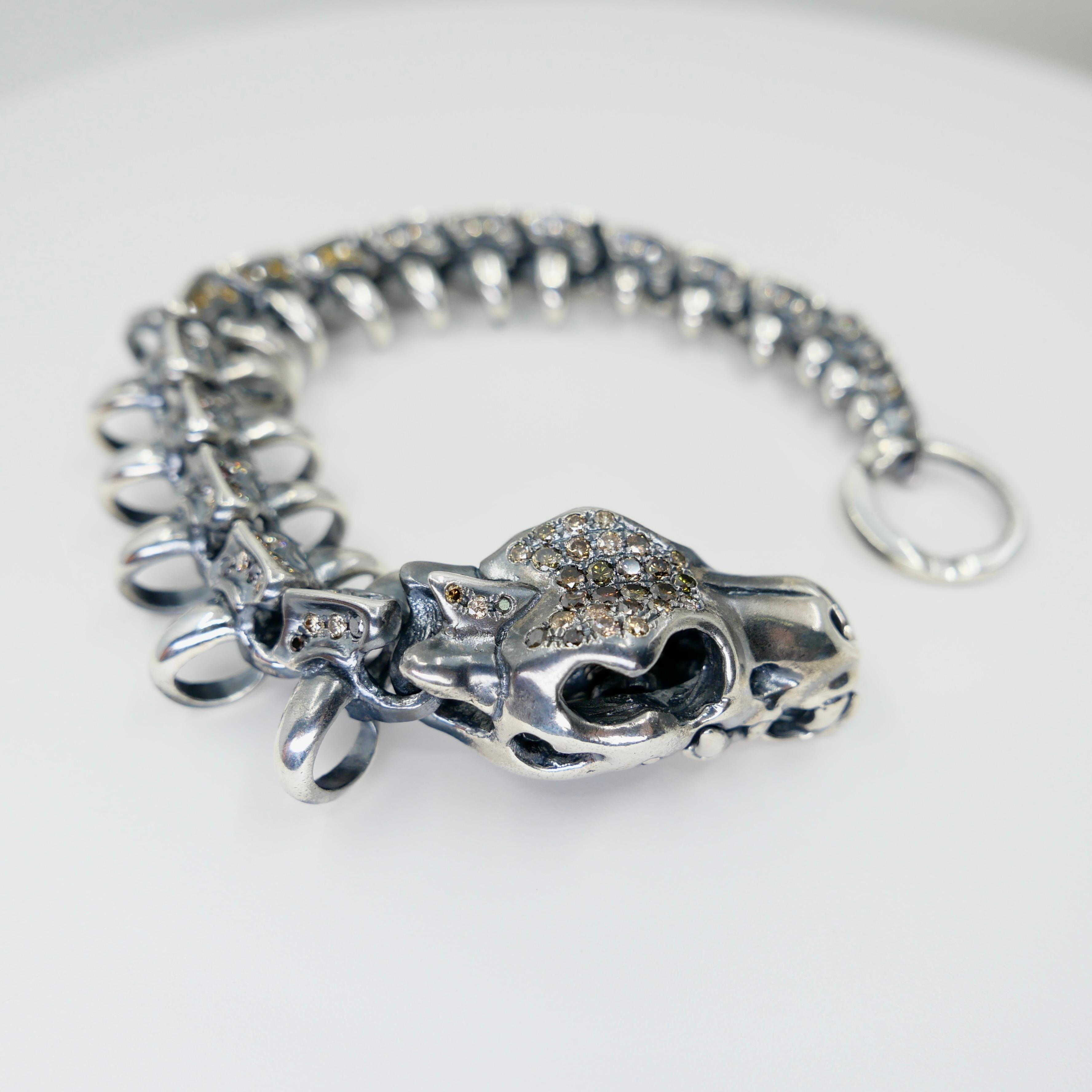Unisex Silver & Fancy Color Natural Diamonds Dragon Bracelet. Statement Piece! For Sale 1