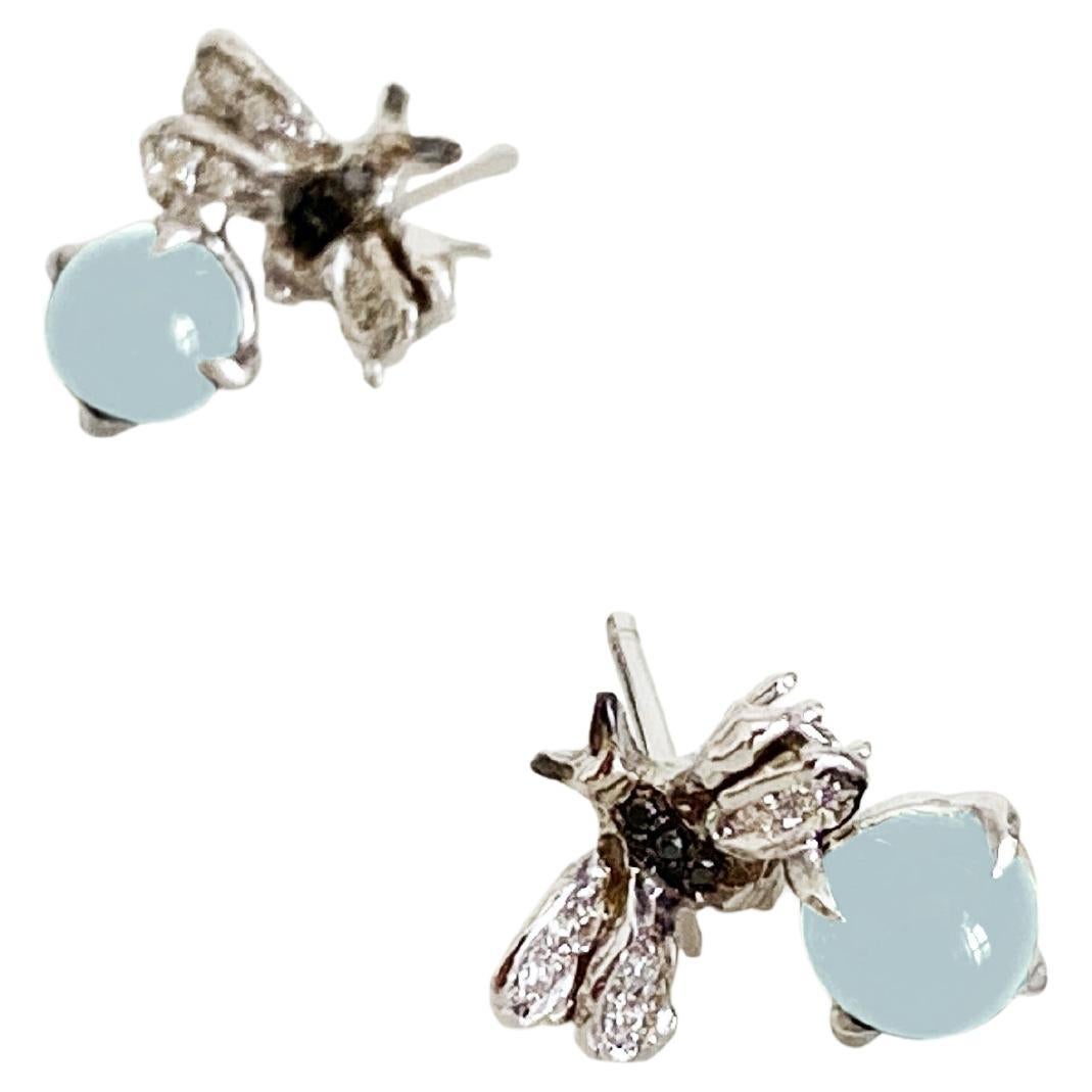 Unisex Small 18K White Gold 2, 16 Carats Aquamarine Diamonds Bees Stud Earrings