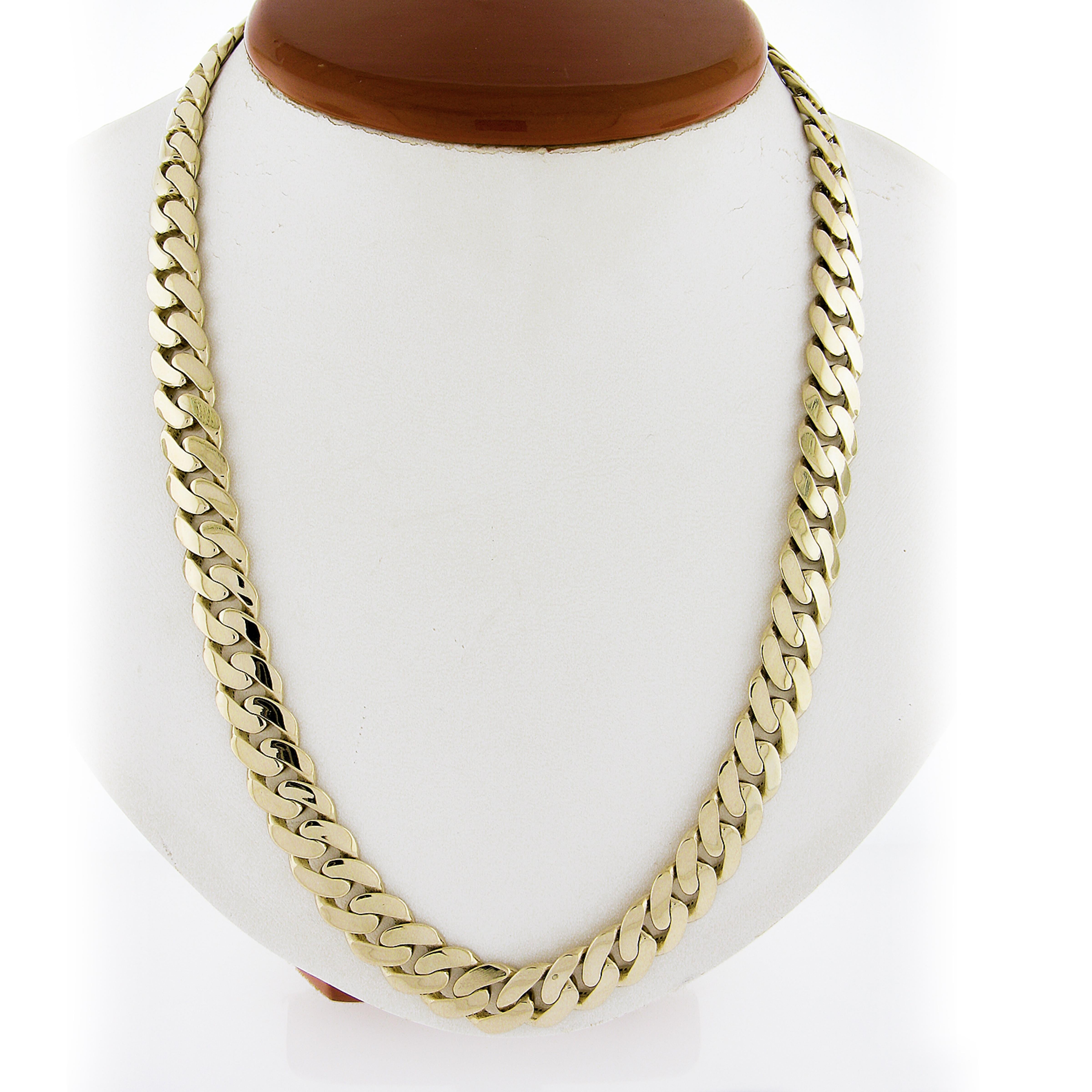Material: Solid 14k Yellow Gold (Solid Gold - Semi Hollow Design)
Weight: 54.49 Grams
Chain Type: Cuban/Curb Link Chain
Chain Length:	23 Inches
Chain Width: 10.1mm
Chain Thickness: 2.9mm
Clasp: Push Clasp w/ Dual Safety Latch
End Cap Measurements: