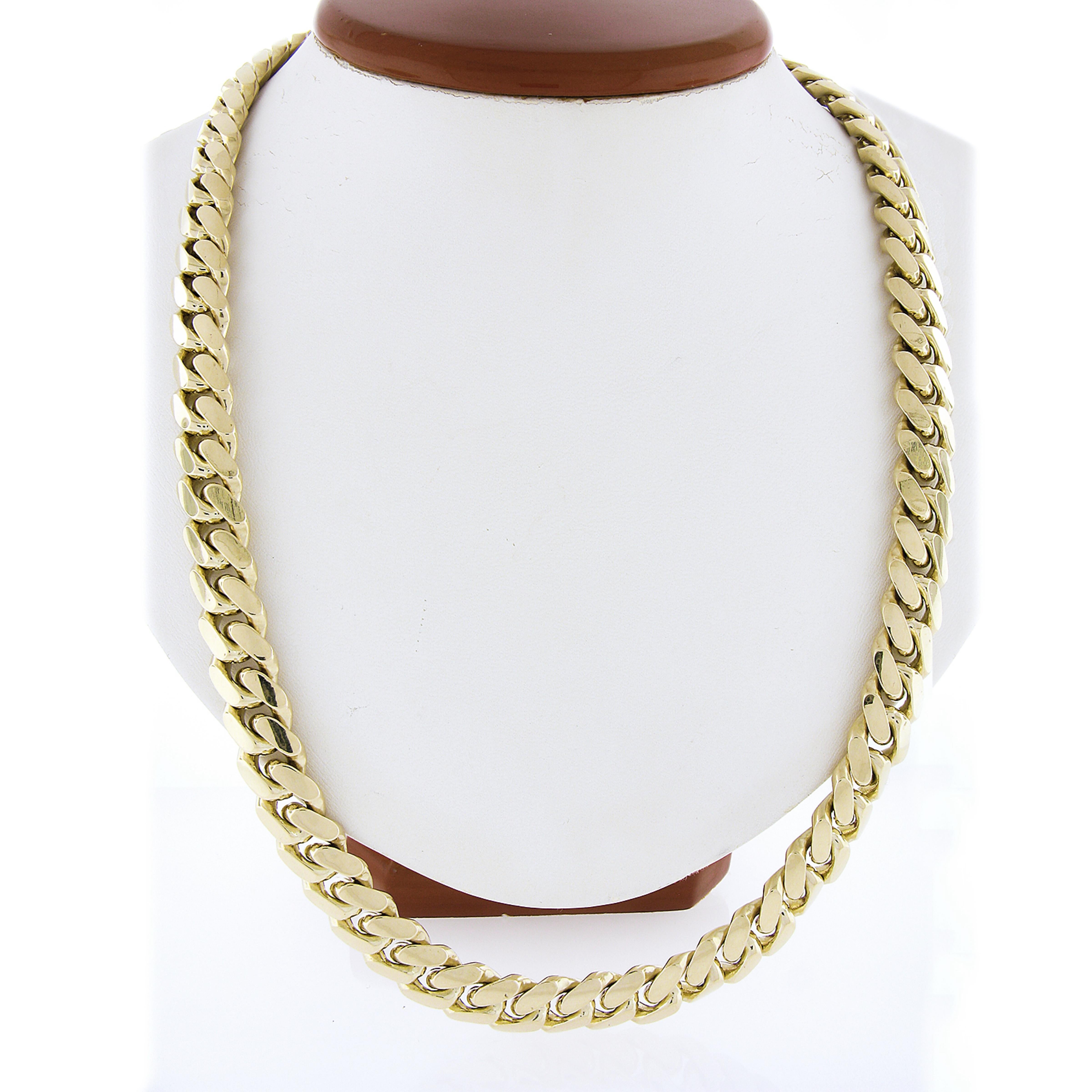 Material: Solid 14k Yellow Gold
Weight: 226.85 Grams
Chain Type: Miami Cuban Link Chain
Chain Length: 22 Inches
Chain Width: 11.5mm
Chain Thickness: 5.1mm
Clasp: Push Clasp w/ Dual Safety Latch
Condition: Shows some light surface scratches.