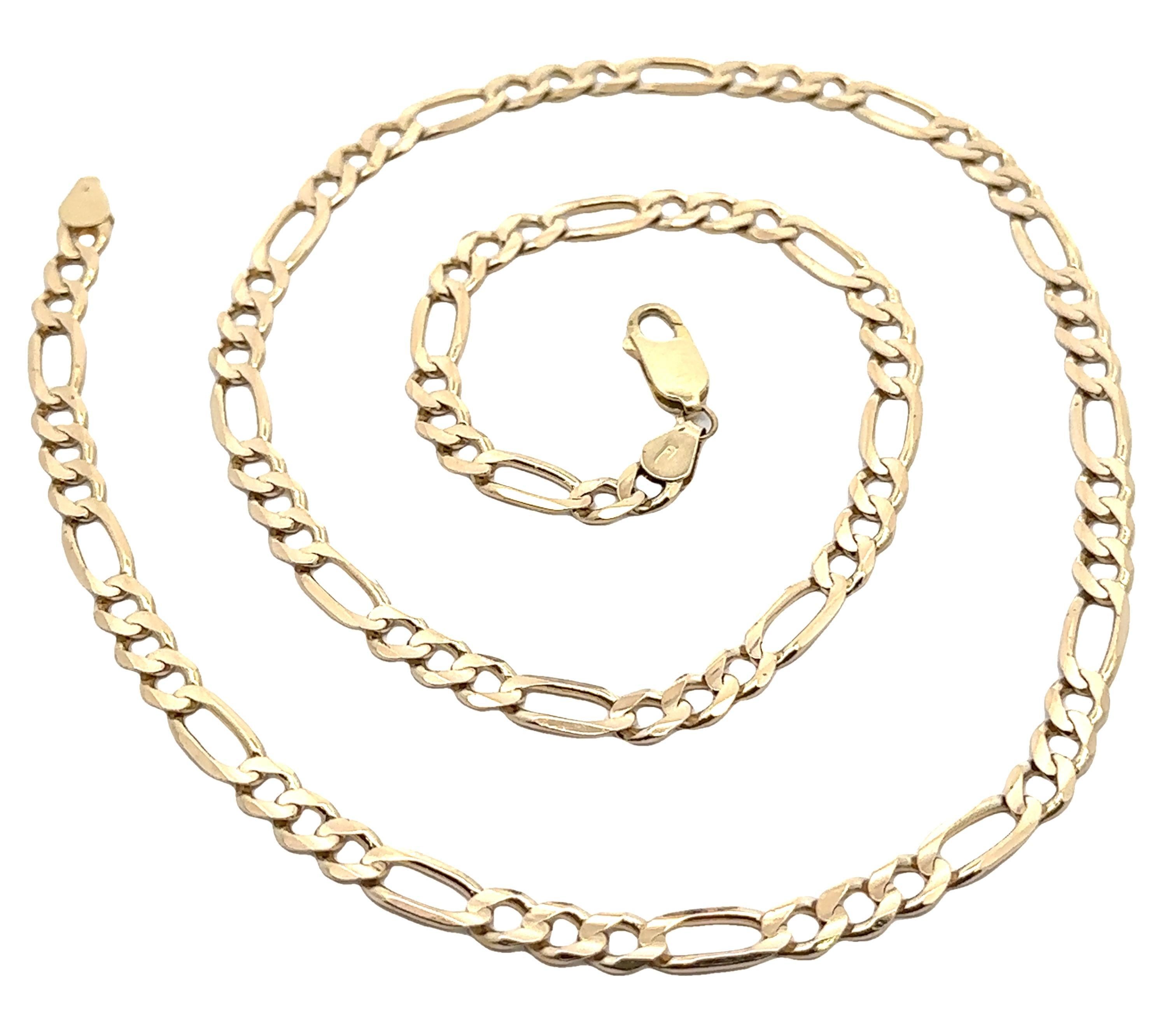Collier unisexe en or jaune 14k massif avec chaîne à maillons Figaro de 21,5 pouces et pince de homard Excellent état - En vente à Montclair, NJ