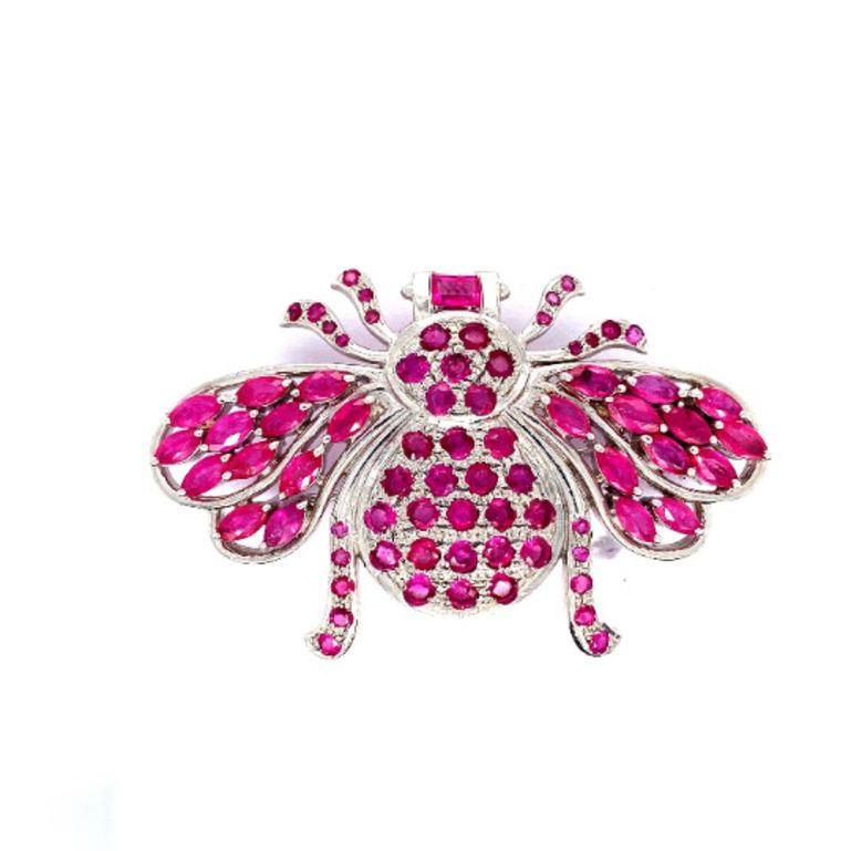 Mixed Cut Sterling Silver Ruby Studded Statement Bumble Bee Brooch  For Sale