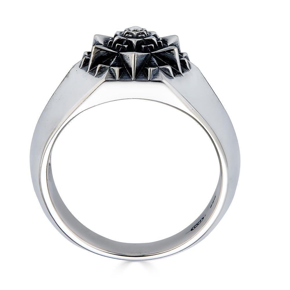 This is a one of ten, limited edition ring that embodies the power of sacred geometry. This unisex sterling silver fractal ring is timeless and eternal. The Borobudur Temple in Indonesia inspired John Brevard to design this sacred geometric signet