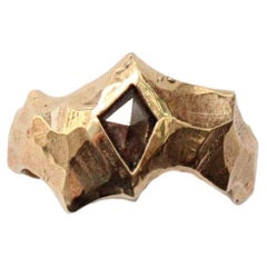 Unisex Thick Hammered Statement Ring in 10k Gold with Geometric Rustic Diamond